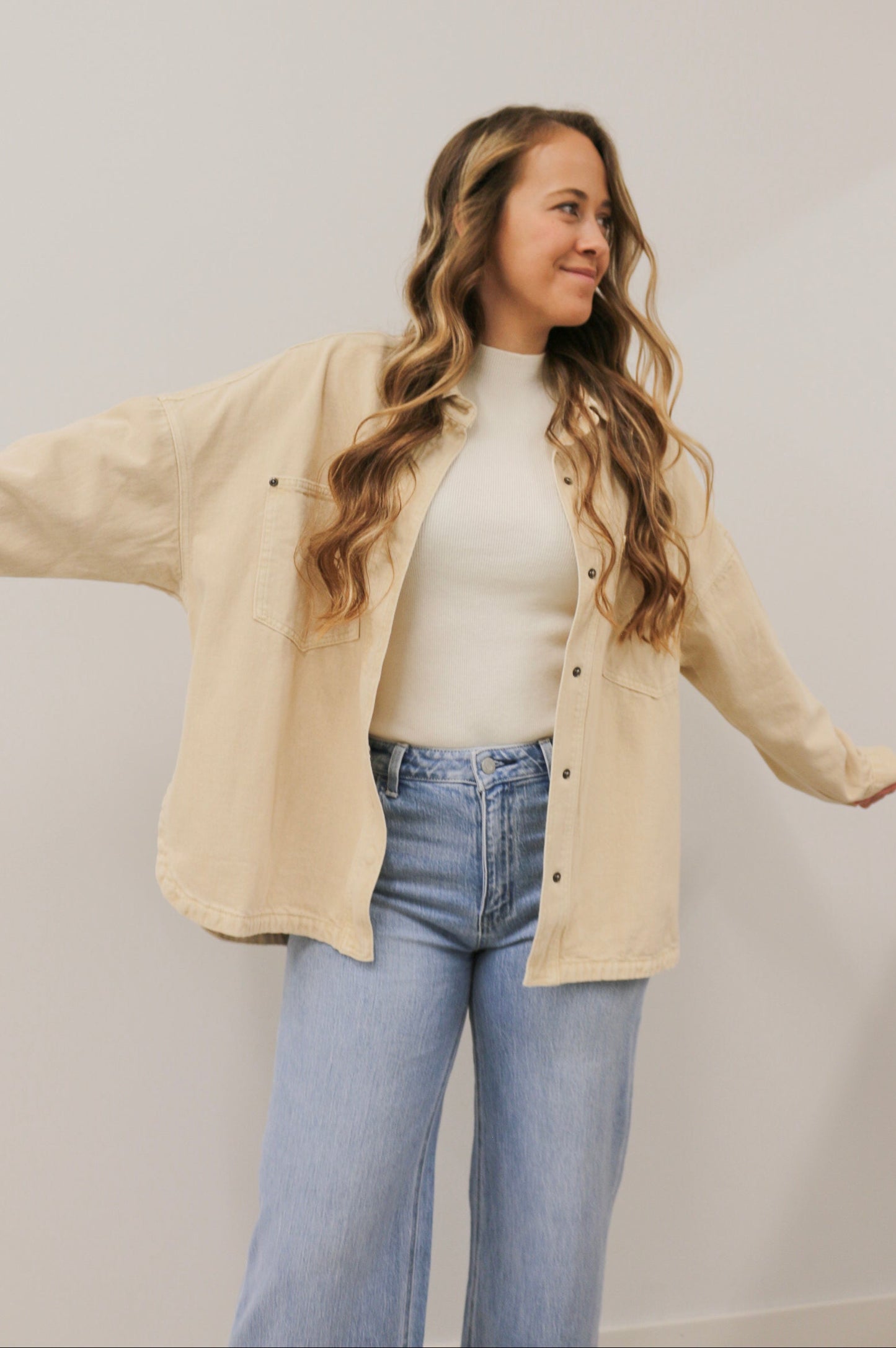 Snap Button Oversized Relaxed Fit Long Sleeve Washed Denim Jacket - Beige