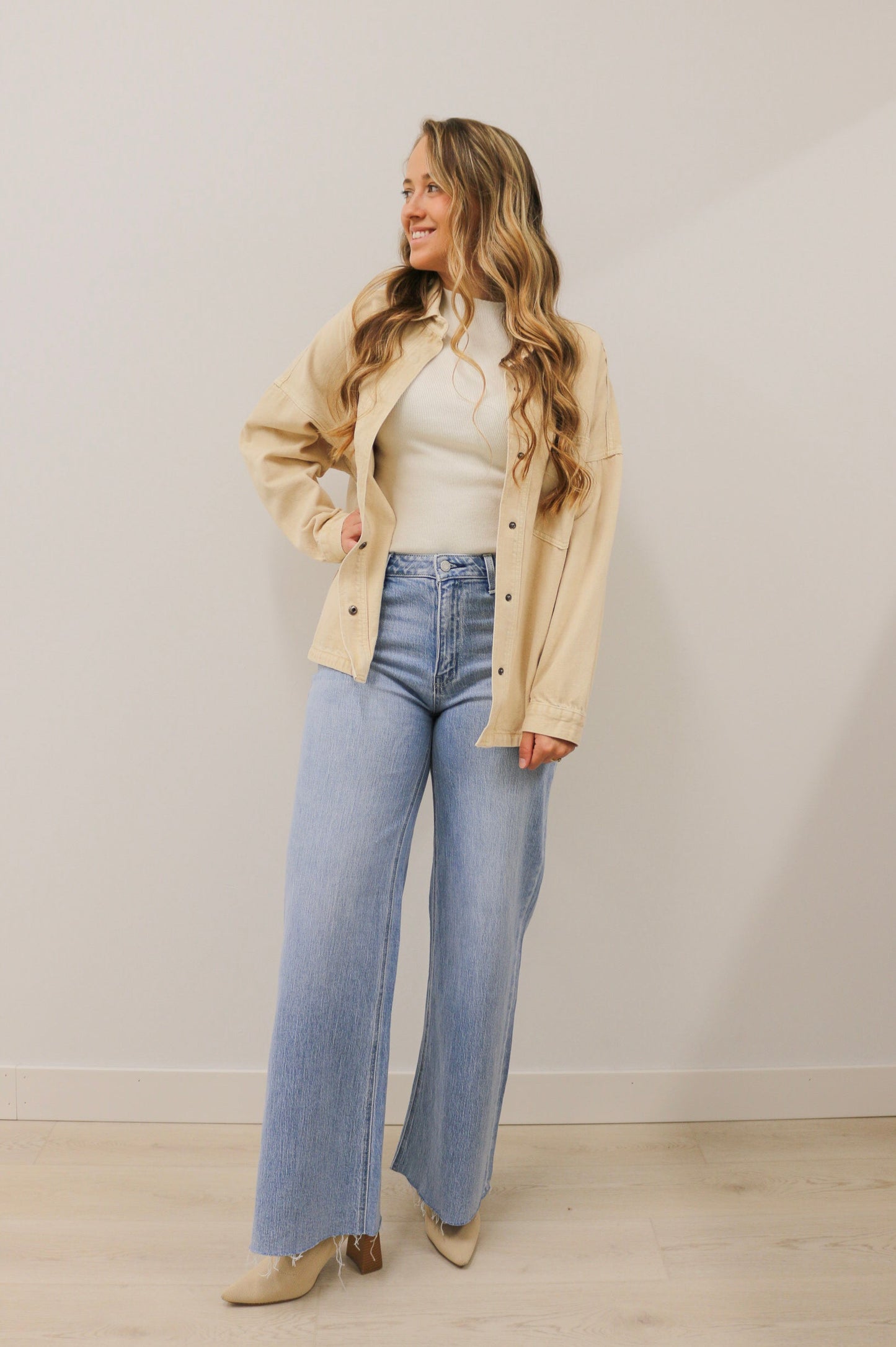 Snap Button Oversized Relaxed Fit Long Sleeve Washed Denim Jacket - Beige
