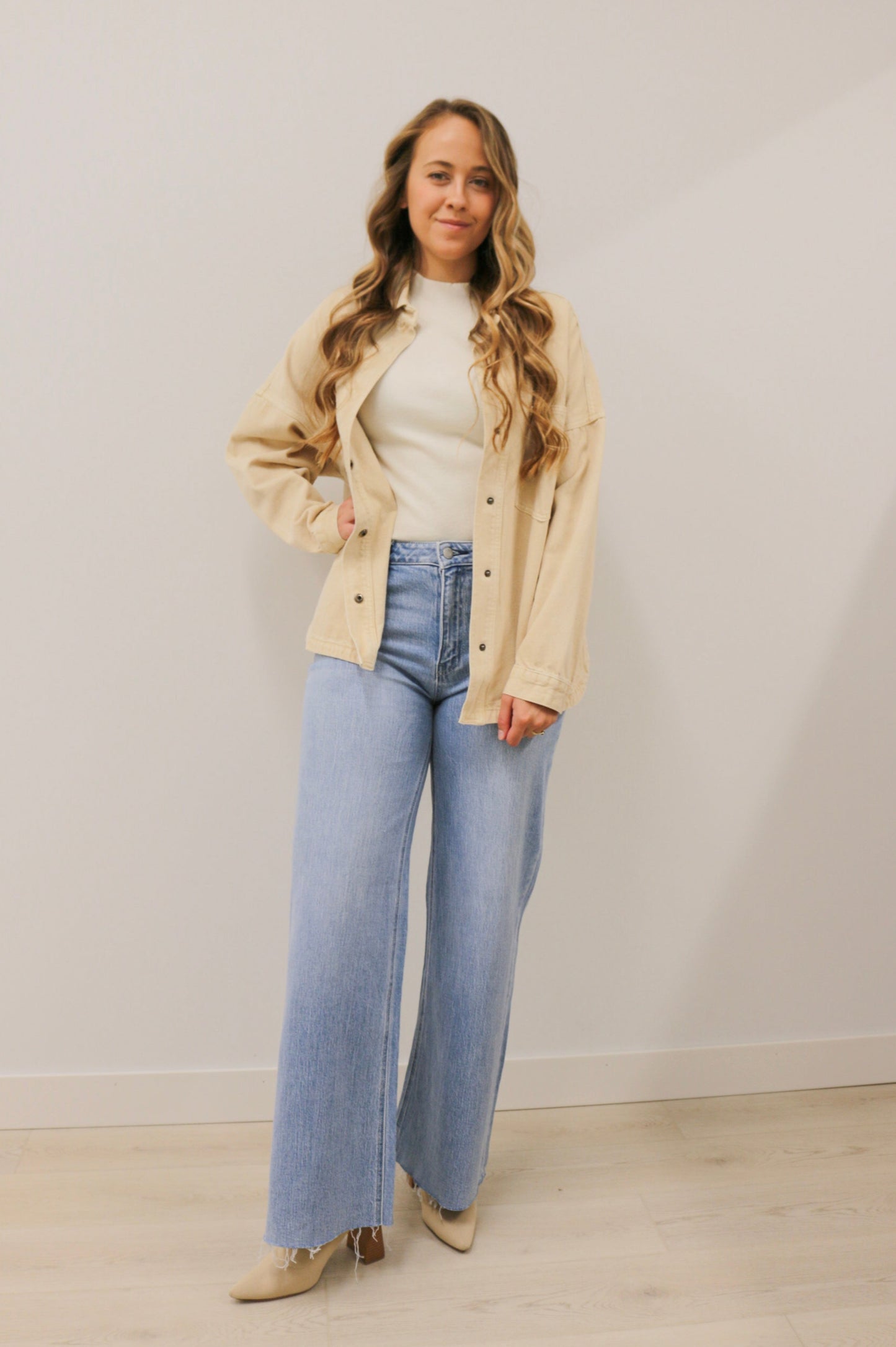 Snap Button Oversized Relaxed Fit Long Sleeve Washed Denim Jacket - Beige