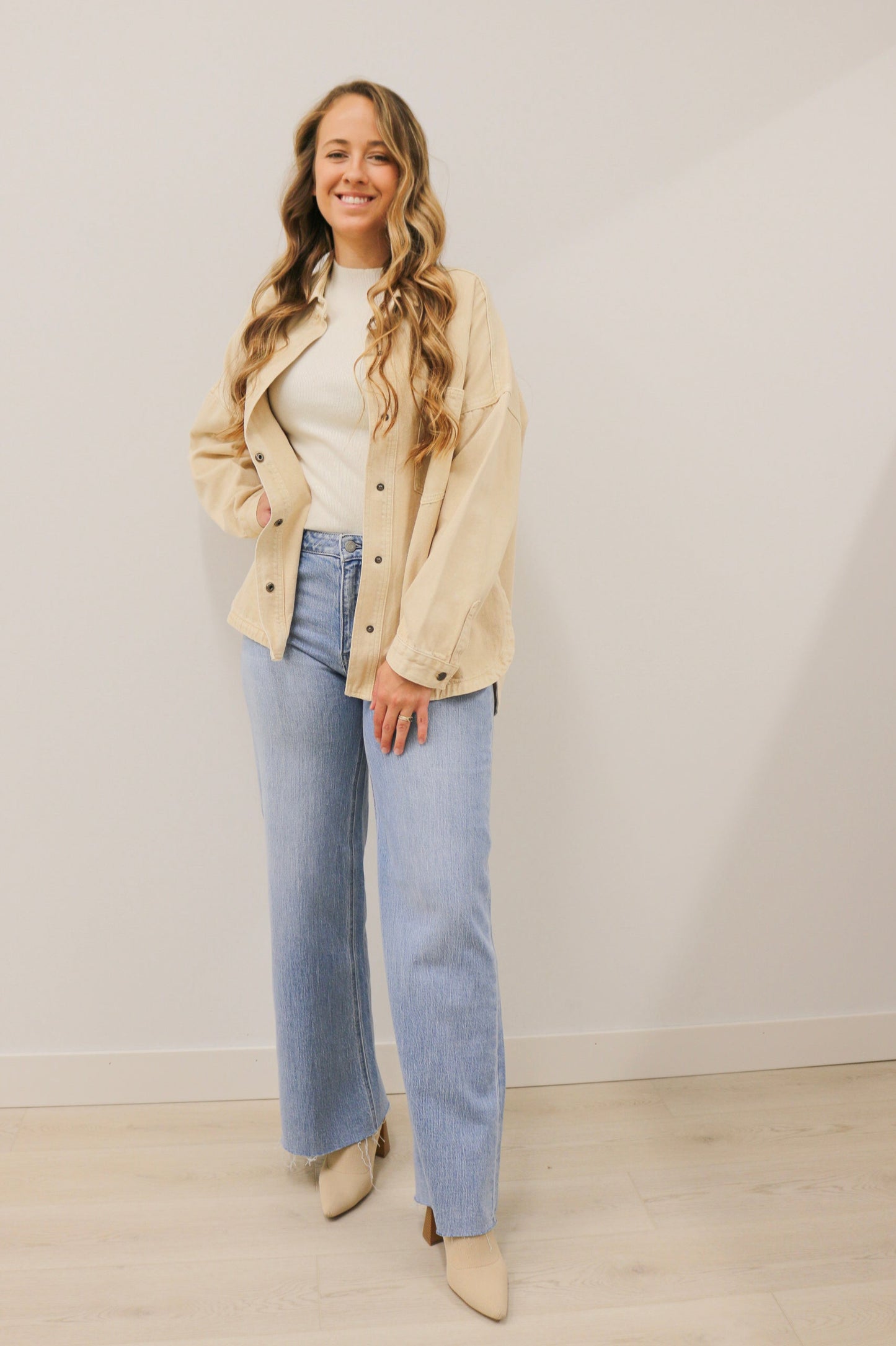 Snap Button Oversized Relaxed Fit Long Sleeve Washed Denim Jacket - Beige
