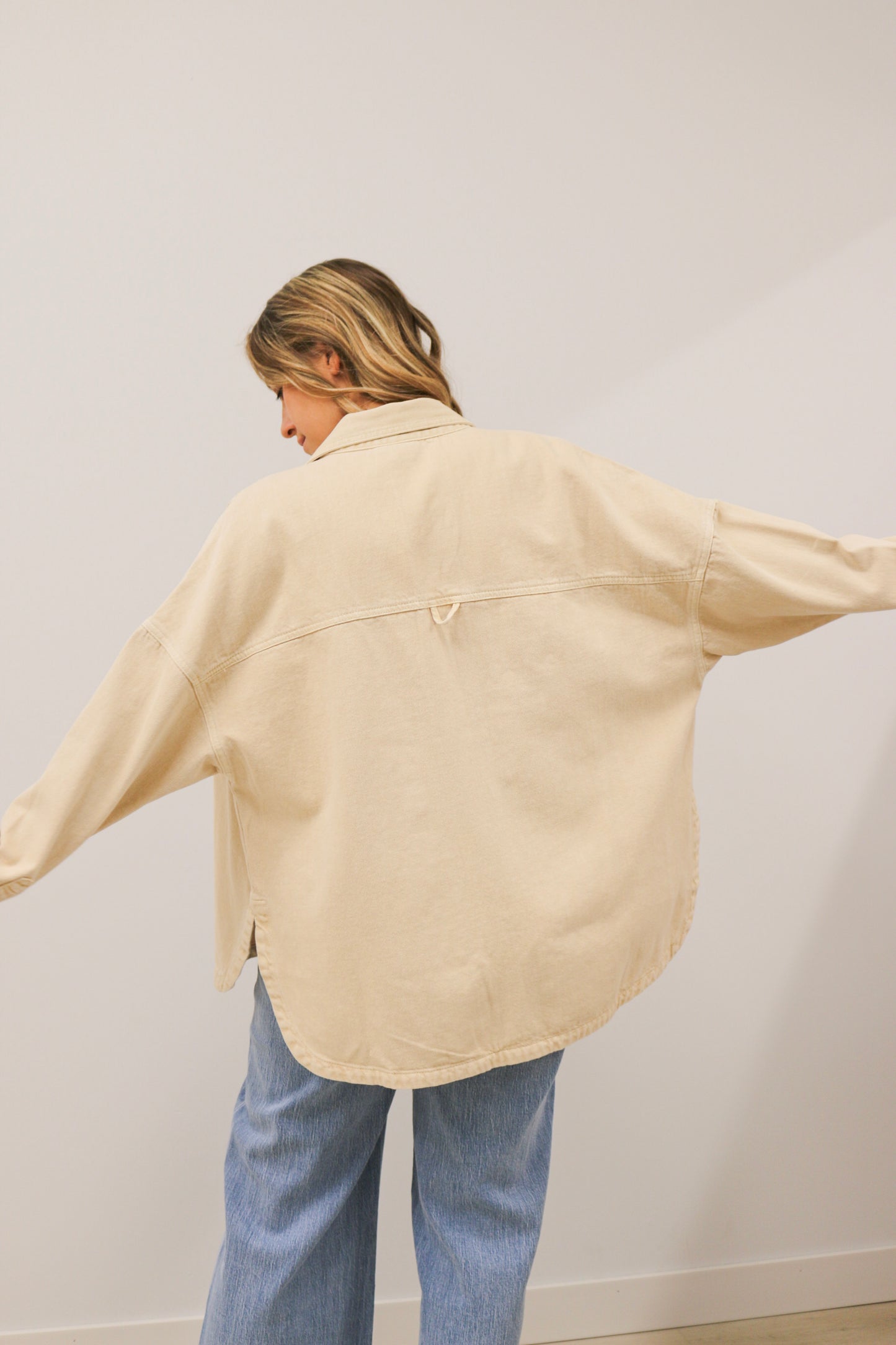 Snap Button Oversized Relaxed Fit Long Sleeve Washed Denim Jacket - Beige