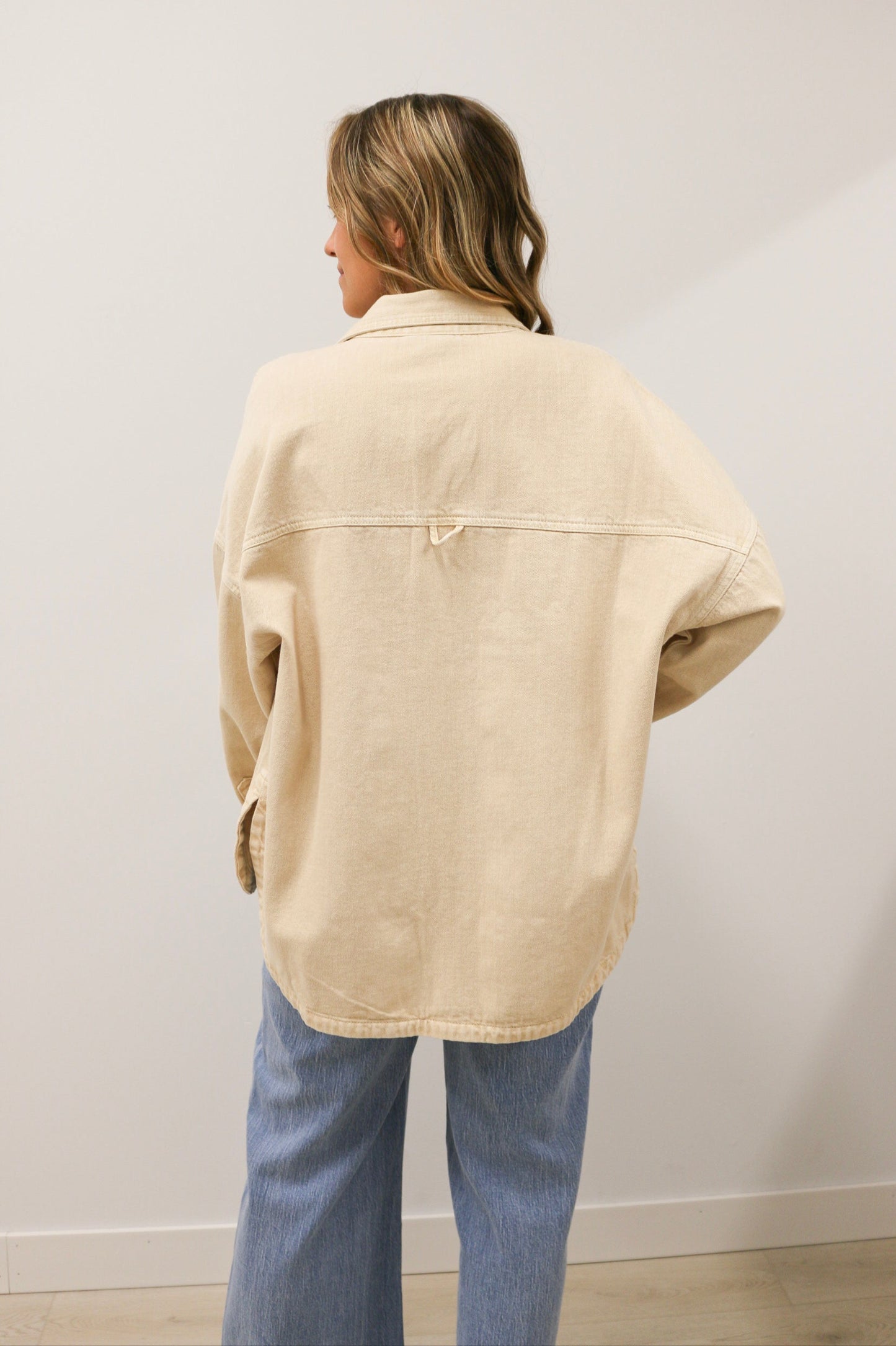 Snap Button Oversized Relaxed Fit Long Sleeve Washed Denim Jacket - Beige