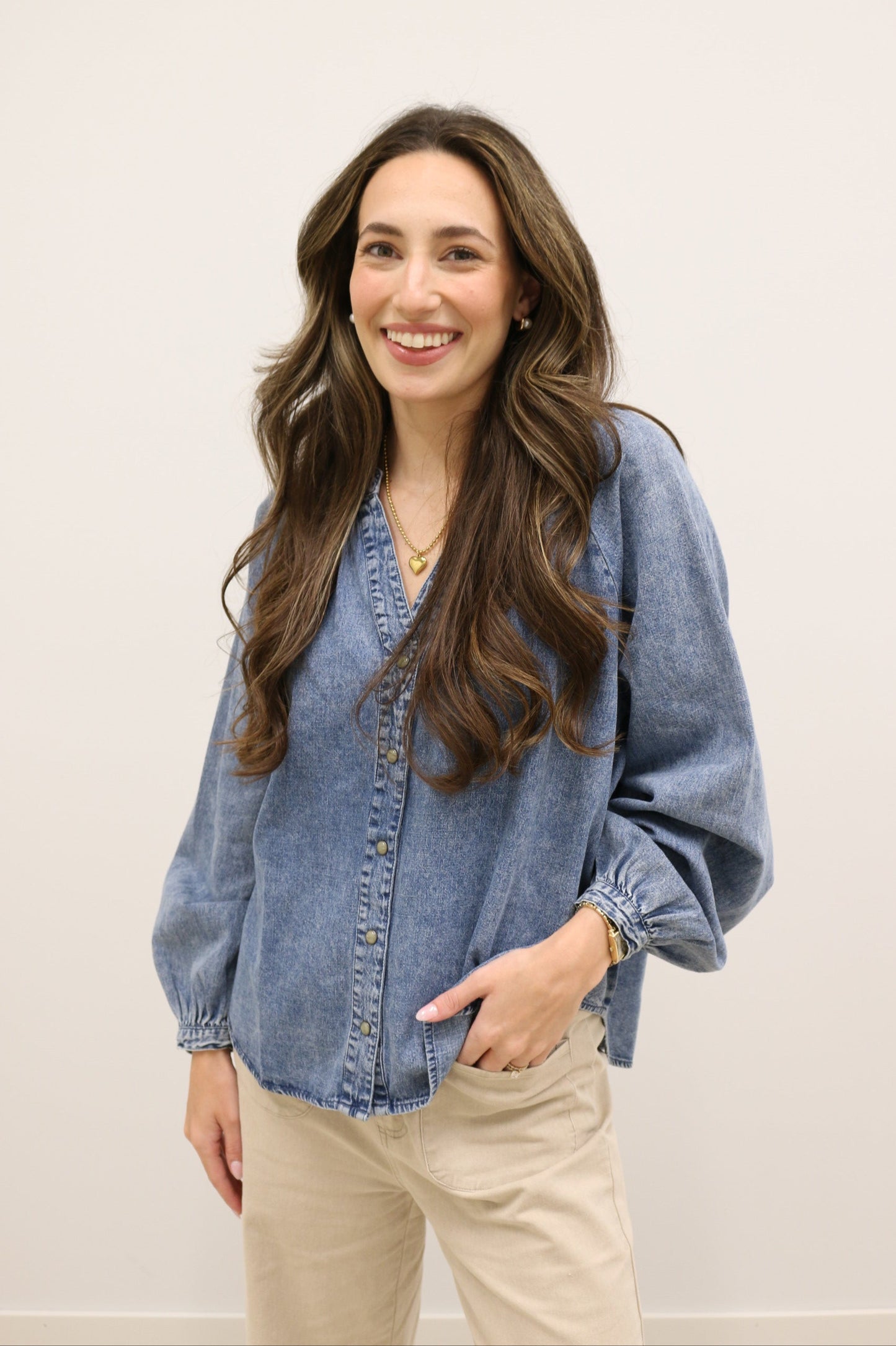 West Long Sleeve Button Down V-Neck Denim Blouse - Denim