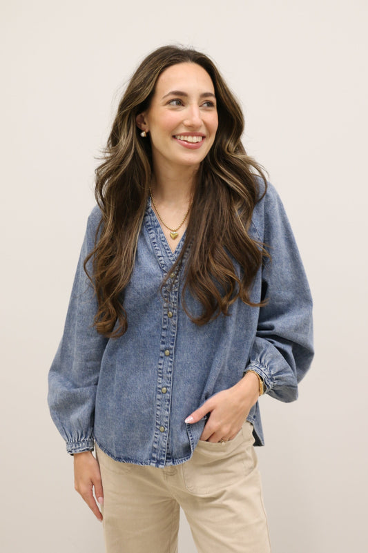 West Long Sleeve Button Down V-Neck Denim Blouse - Denim