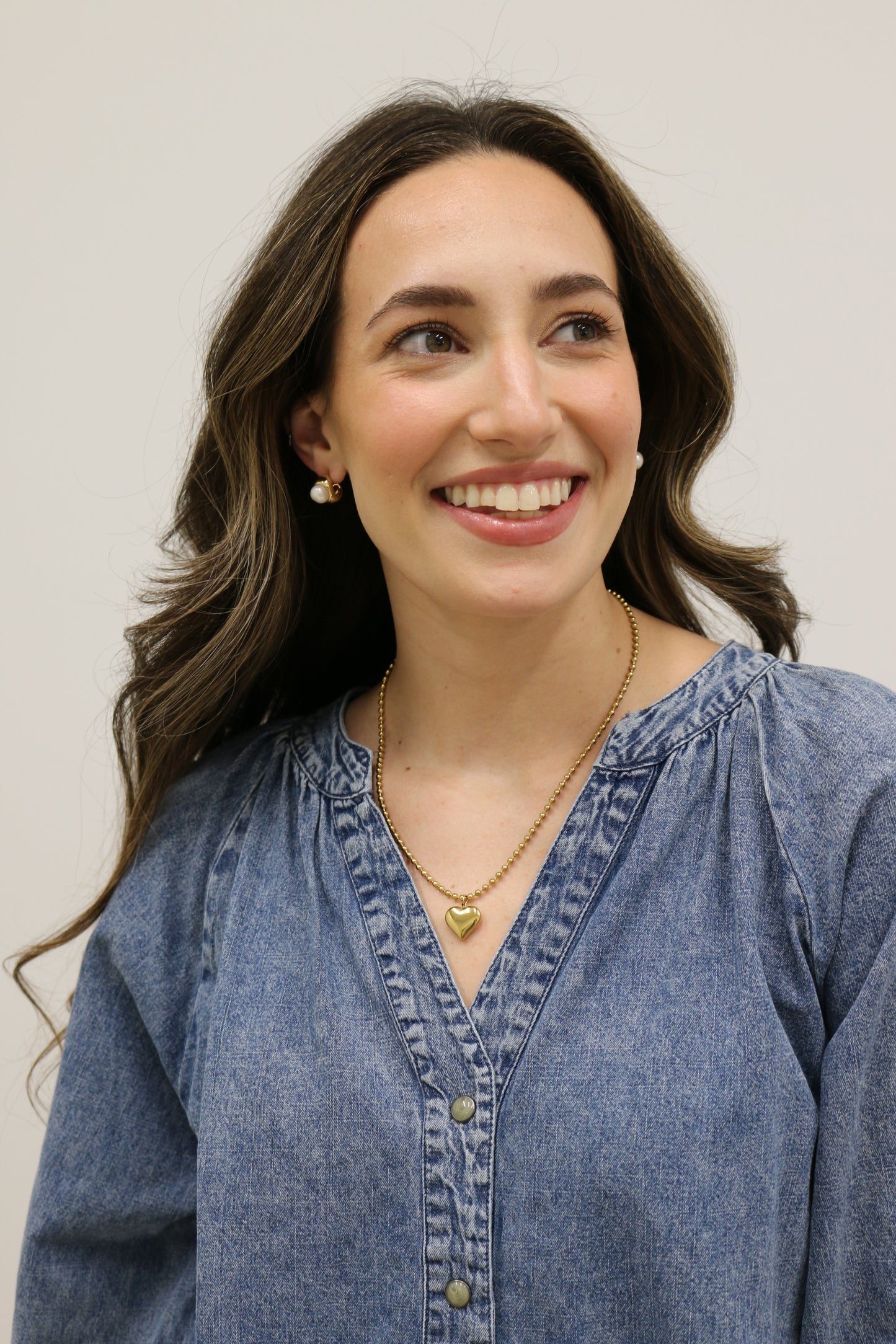 West Long Sleeve Button Down V-Neck Denim Blouse - Denim