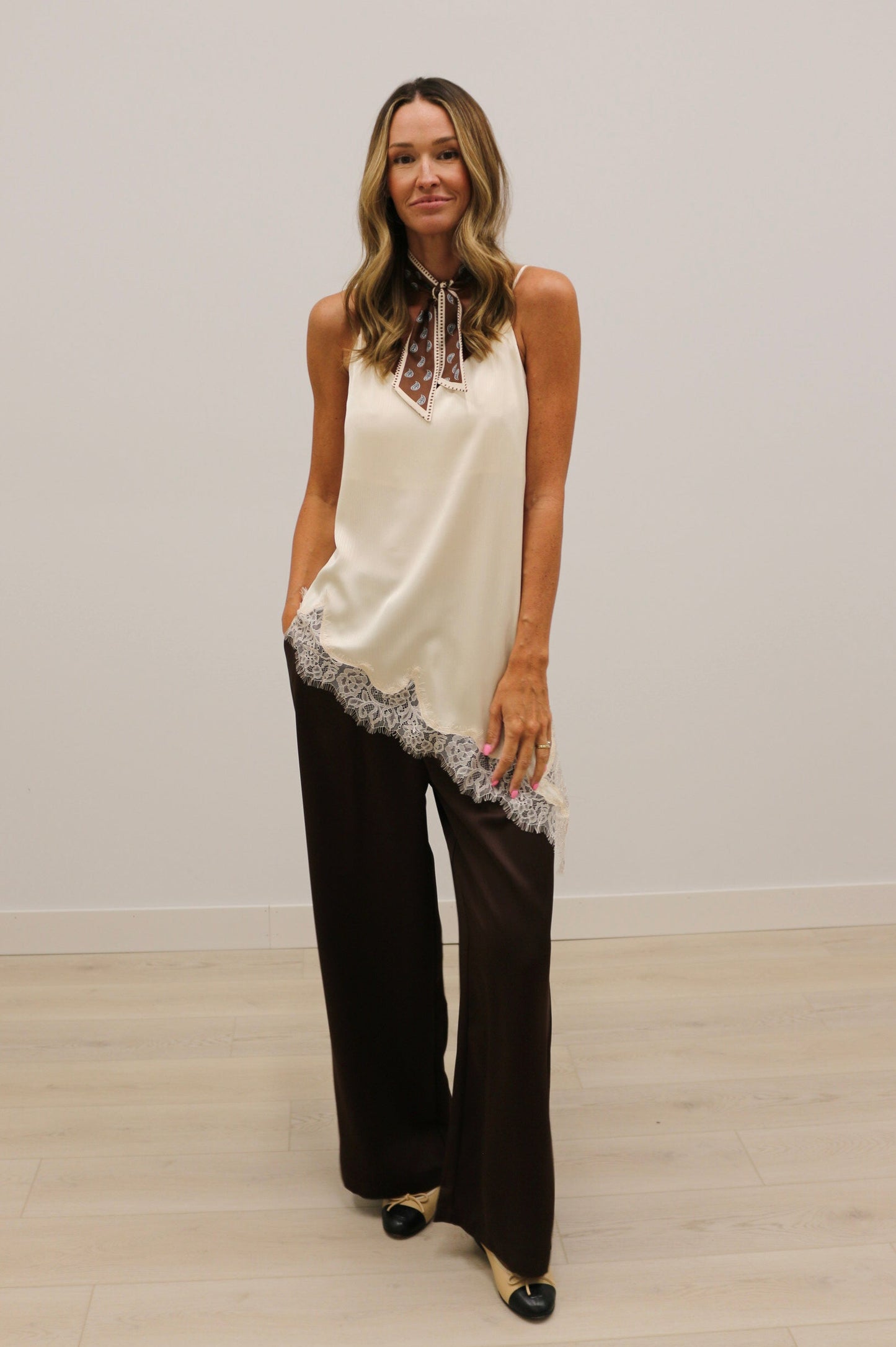 Gracia Lace Trim Asymmetrical Crinkled Satin Cami Tunic - Ivory