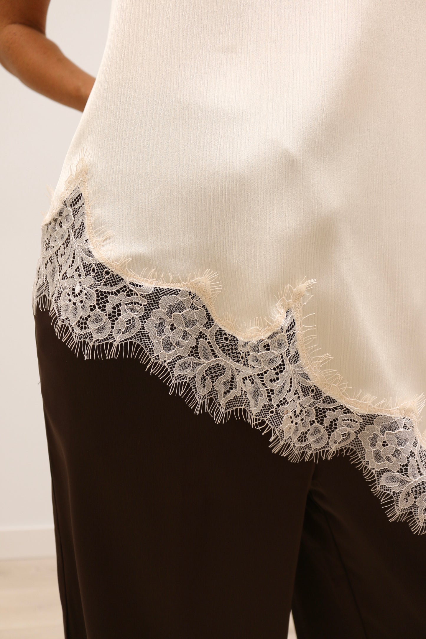 Gracia Lace Trim Asymmetrical Crinkled Satin Cami Tunic - Ivory