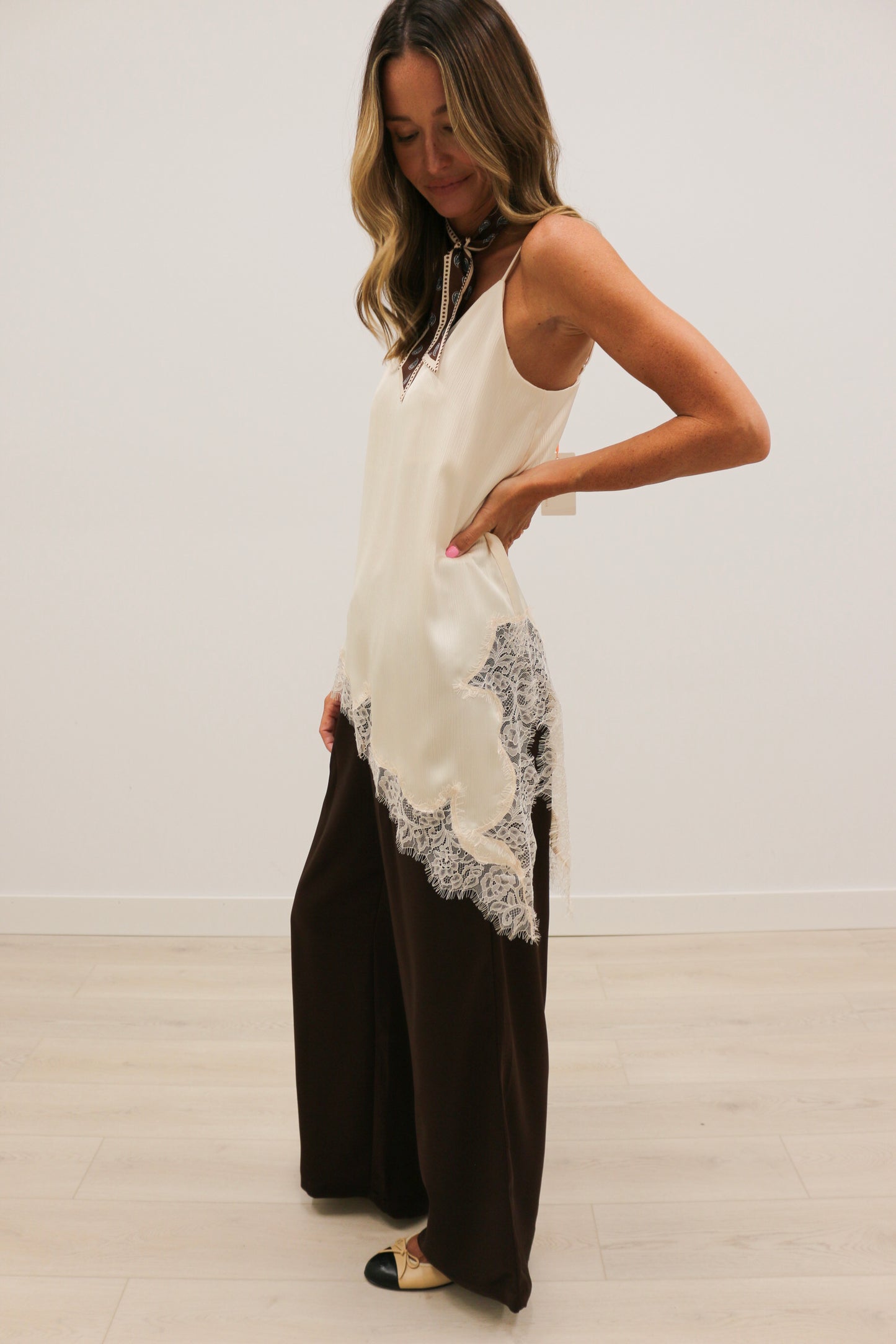 Gracia Lace Trim Asymmetrical Crinkled Satin Cami Tunic - Ivory