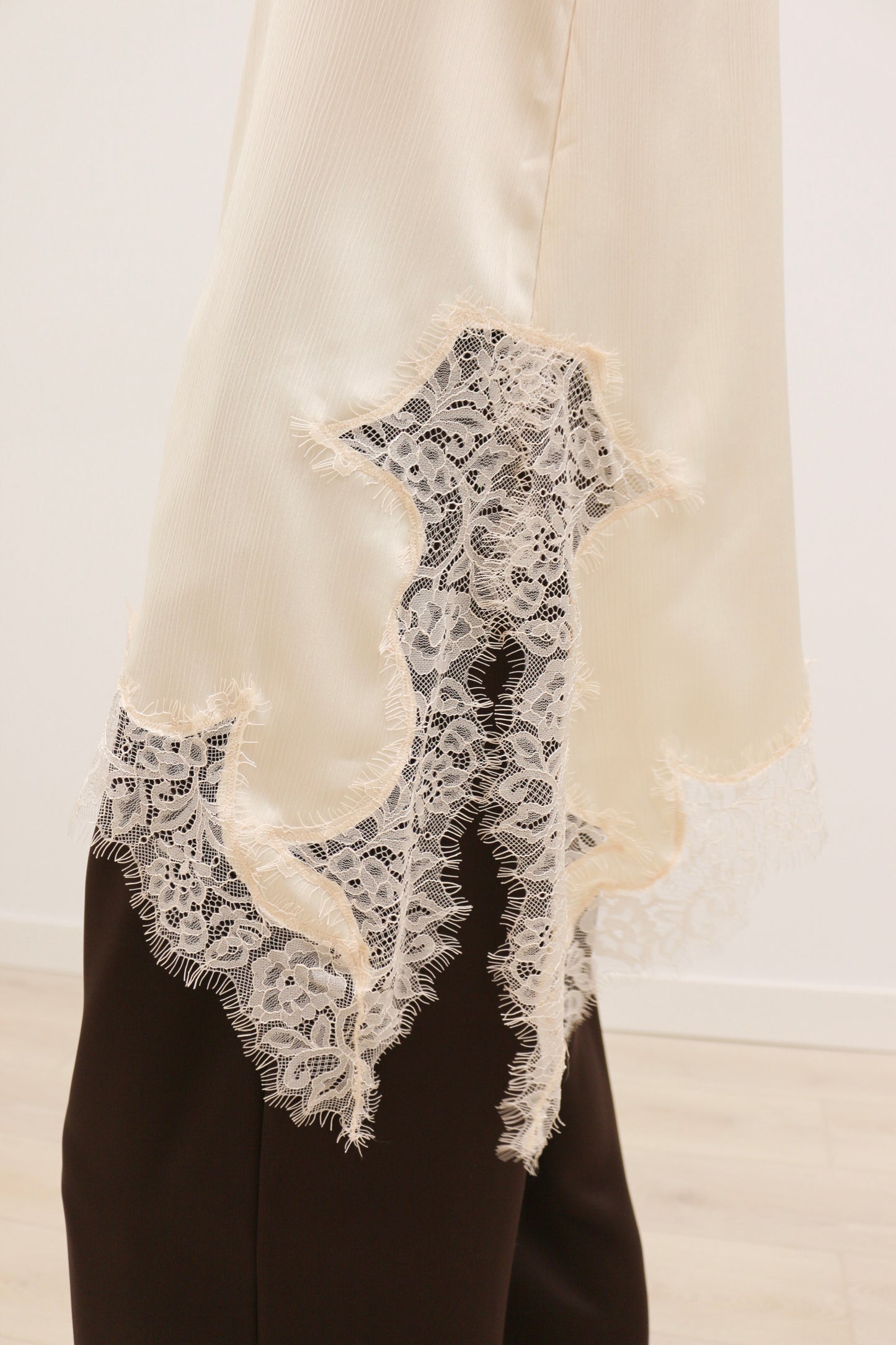 Gracia Lace Trim Asymmetrical Crinkled Satin Cami Tunic - Ivory