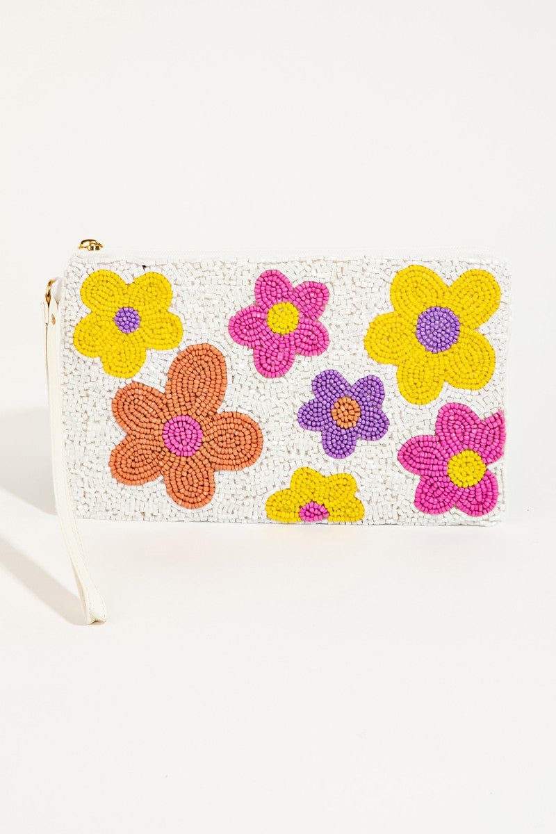 Groovy Daisy Flower Print Seed Beaded Coin Pouch - White Multi