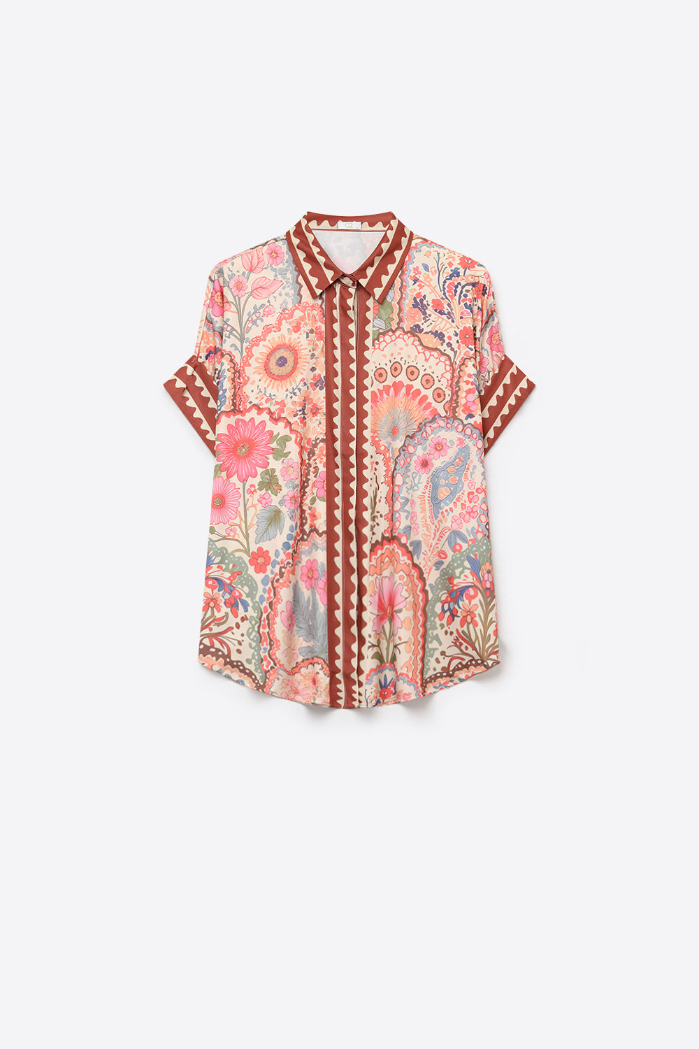 Grotta Printed Oversized Short Sleeve Button Up Blouse - Pink Multi
