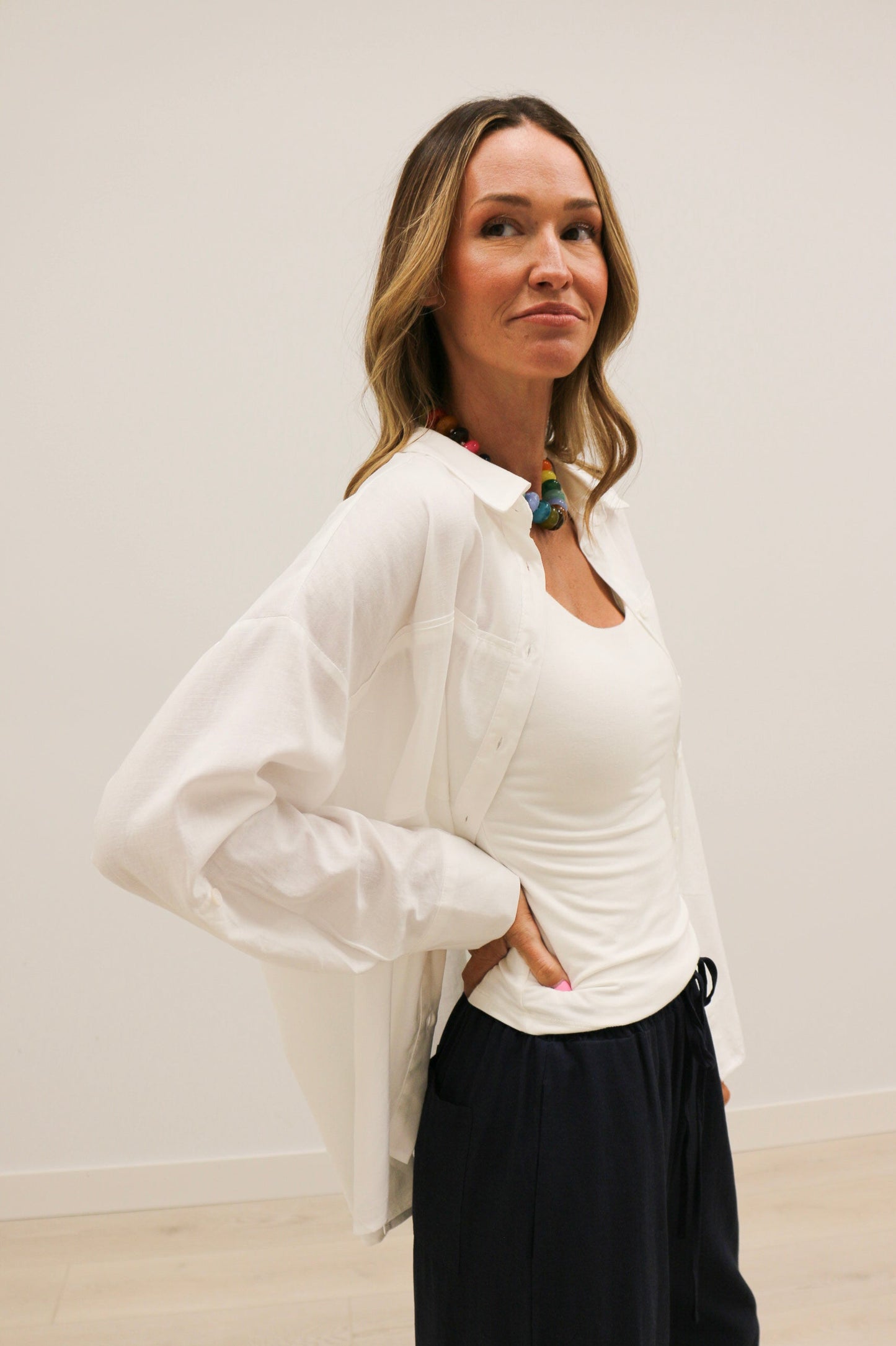 Hally Horizontal Seam Long Sleeve Collared Button Up 100% Cotton - White