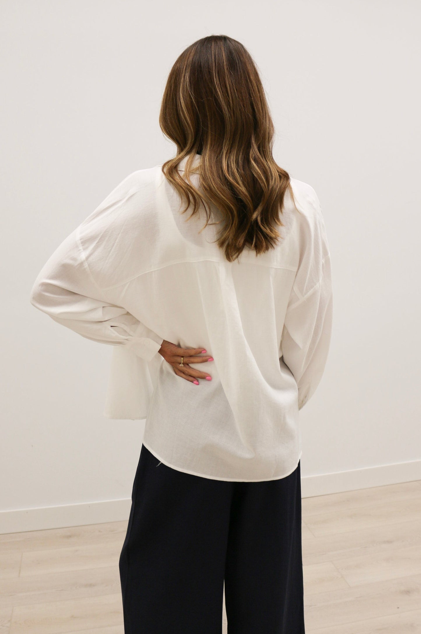 Hally Horizontal Seam Long Sleeve Collared Button Up 100% Cotton - White
