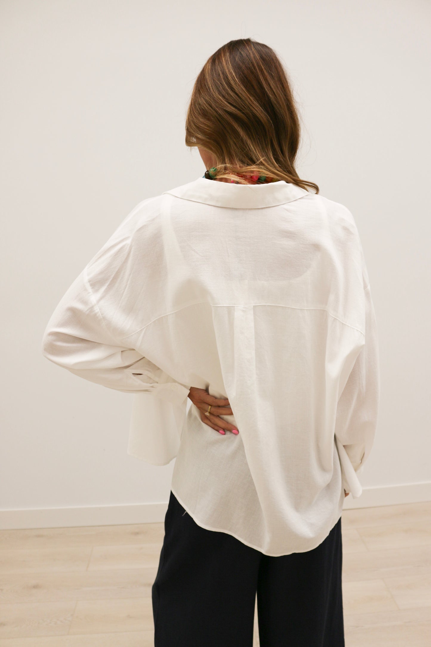 Hally Horizontal Seam Long Sleeve Collared Button Up 100% Cotton - White