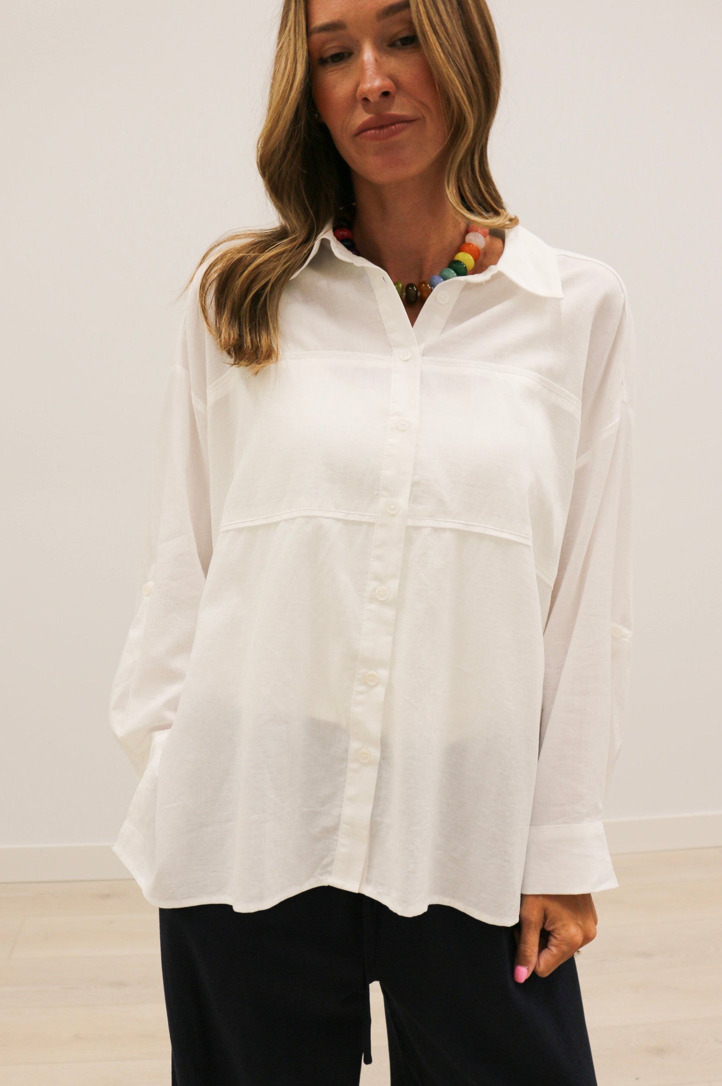 Hally Horizontal Seam Long Sleeve Collared Button Up 100% Cotton - White