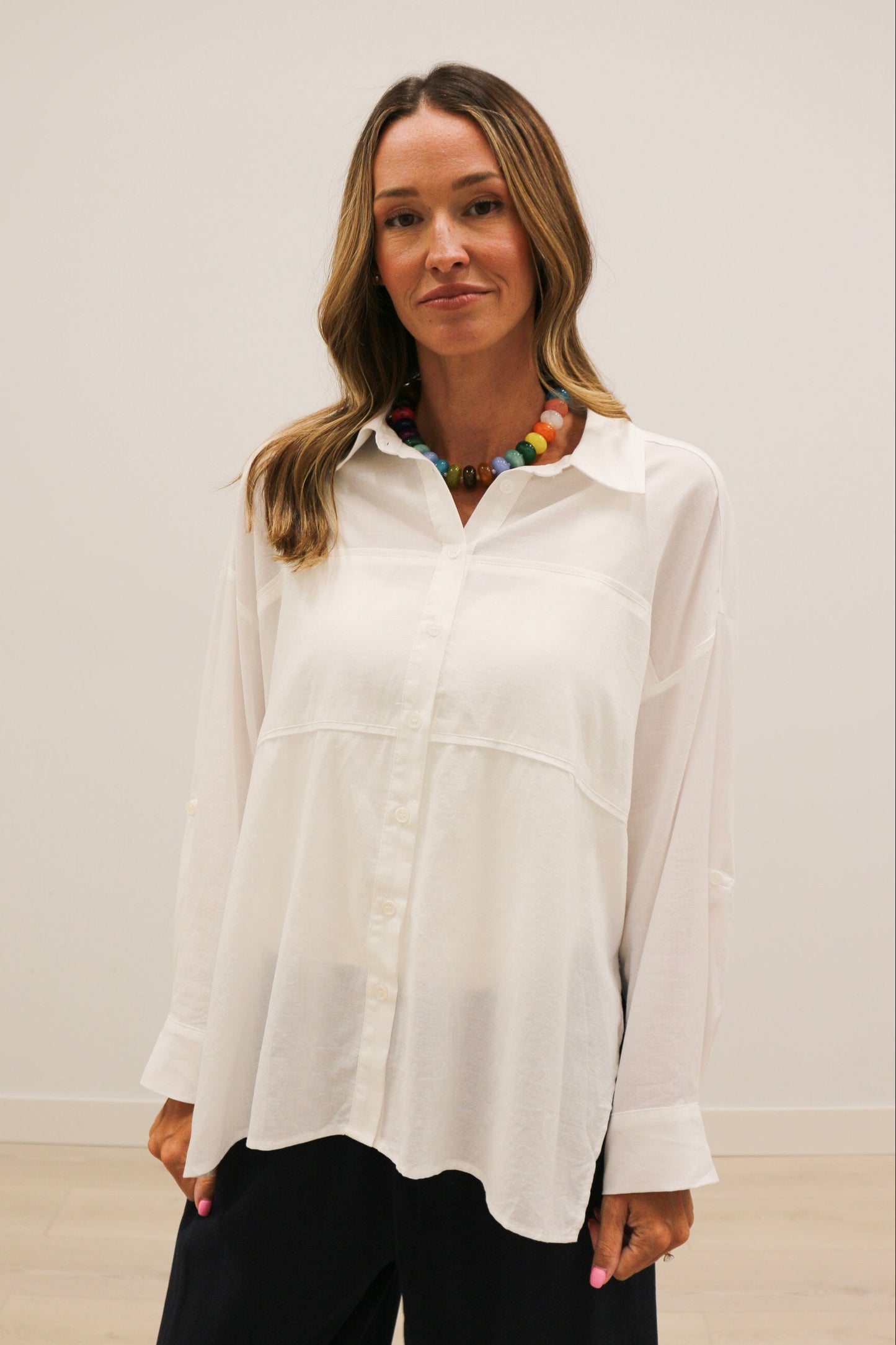 Hally Horizontal Seam Long Sleeve Collared Button Up 100% Cotton - White