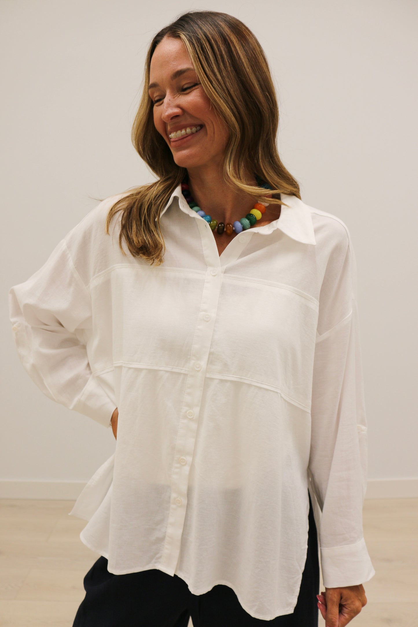 Hally Horizontal Seam Long Sleeve Collared Button Up 100% Cotton - White