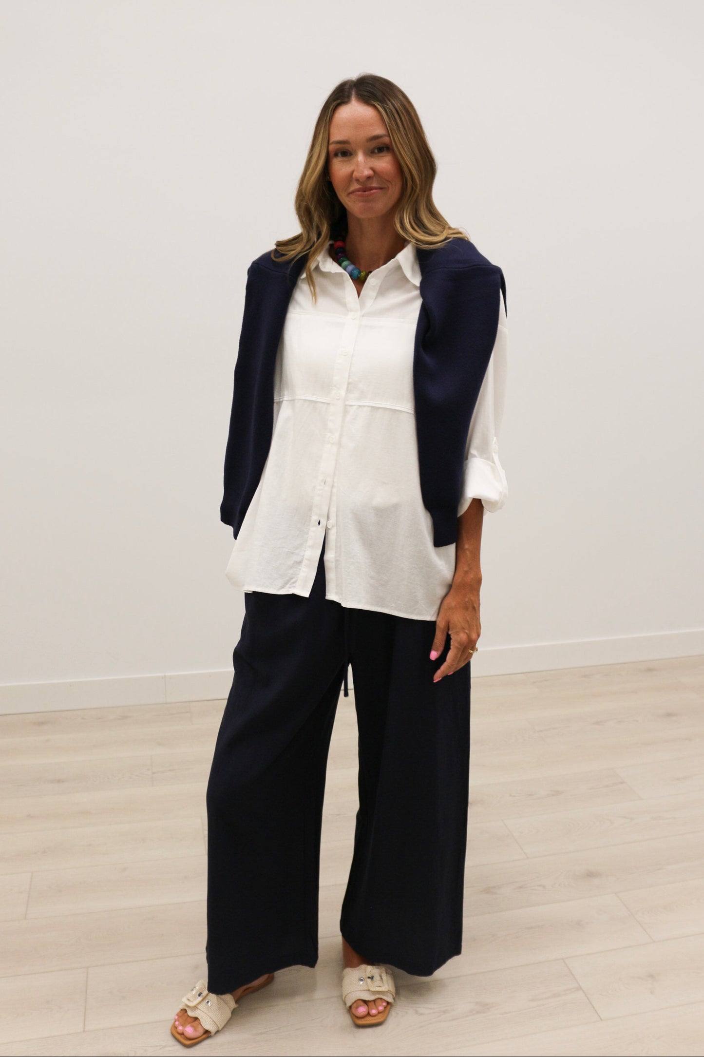 Hally Horizontal Seam Long Sleeve Collared Button Up 100% Cotton - White
