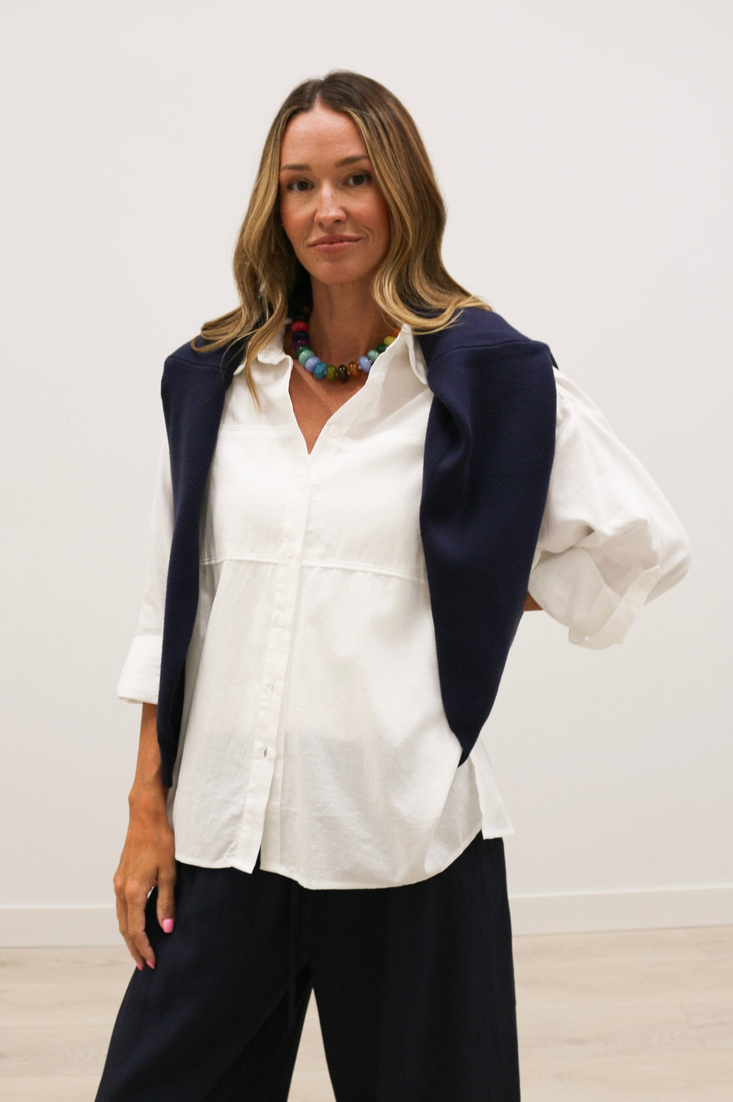 Hally Horizontal Seam Long Sleeve Collared Button Up 100% Cotton - White