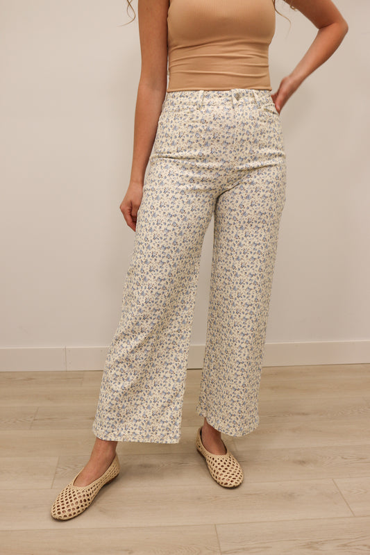 Hattie Floral Print High Waisted Wide Leg Crop Pants - Blue Multi