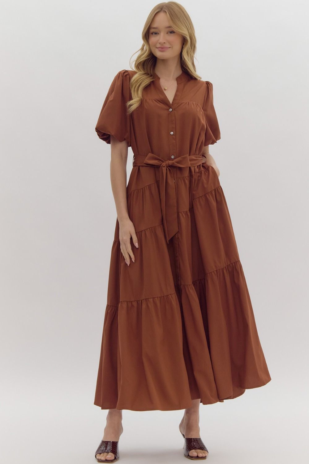 Hazel Puff Sleeve Button Front Tie Belt Maxi Dress - Camel