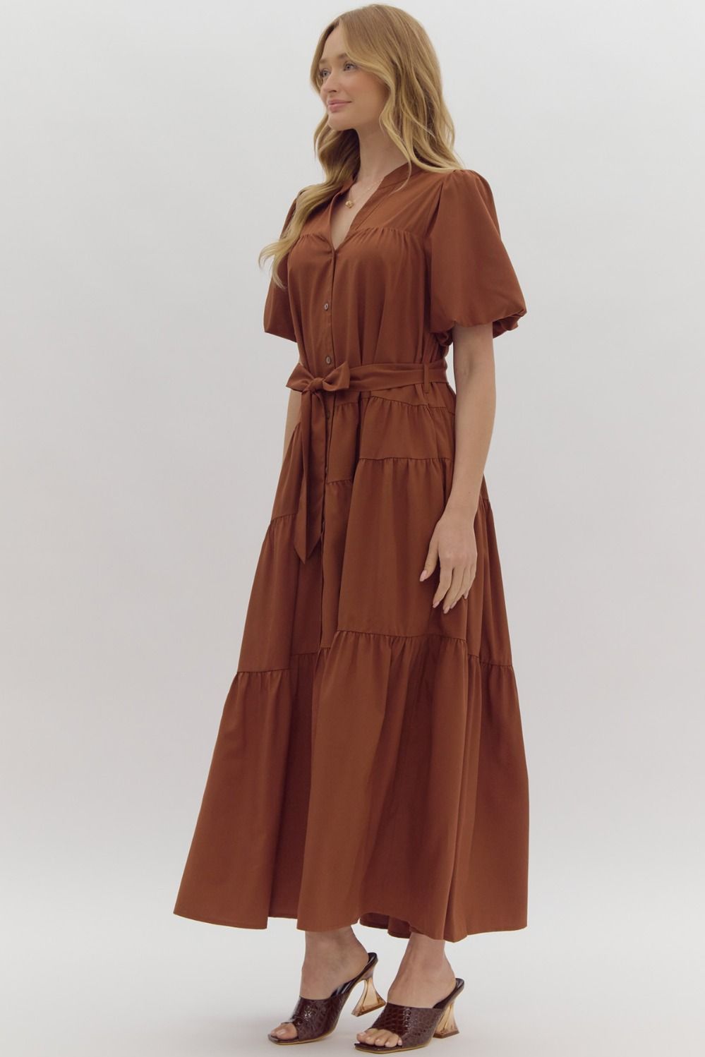 Hazel Puff Sleeve Button Front Tie Belt Maxi Dress - Camel