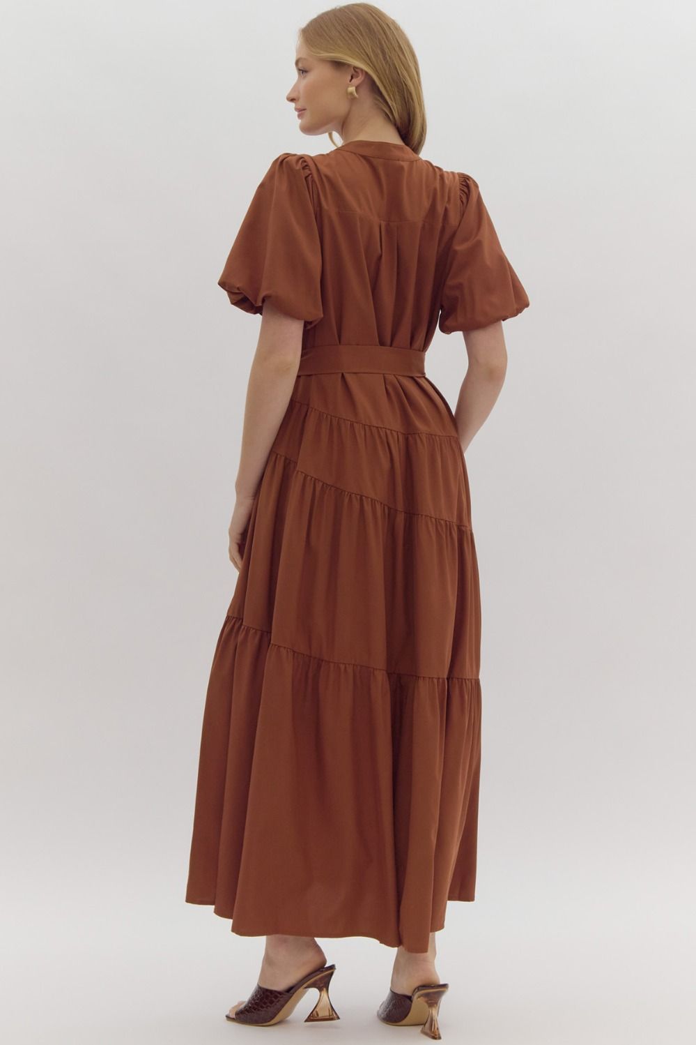 Hazel Puff Sleeve Button Front Tie Belt Maxi Dress - Camel
