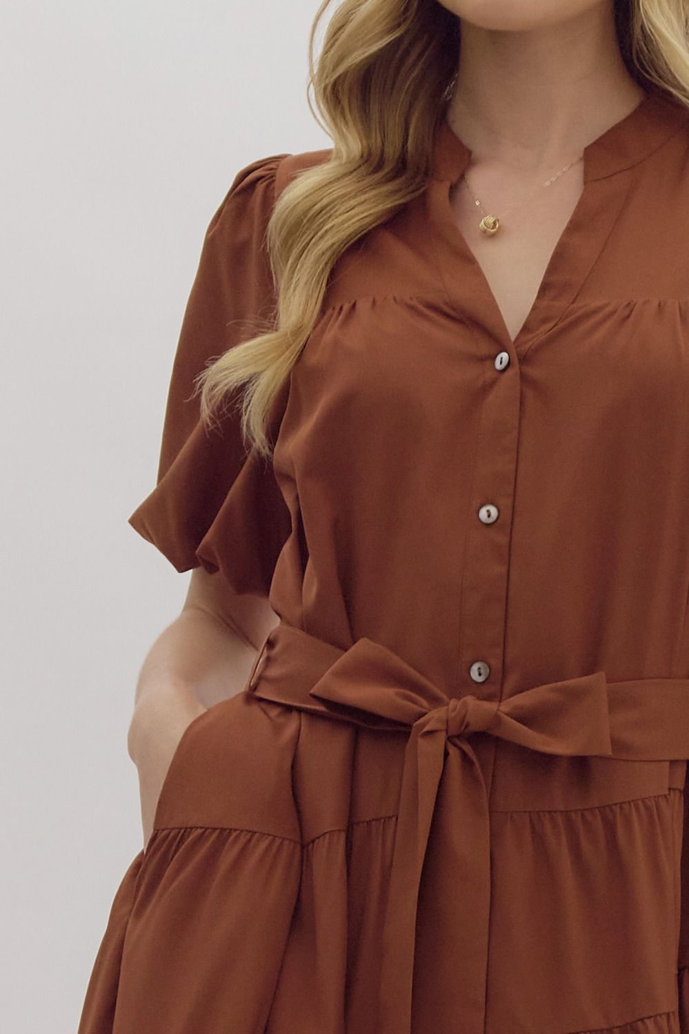 Hazel Puff Sleeve Button Front Tie Belt Maxi Dress - Camel