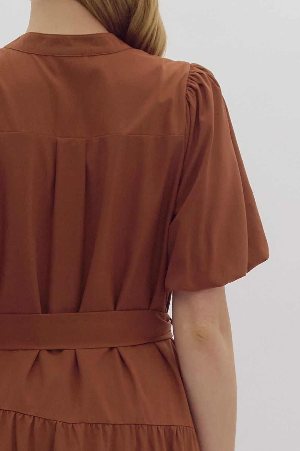 Hazel Puff Sleeve Button Front Tie Belt Maxi Dress - Camel