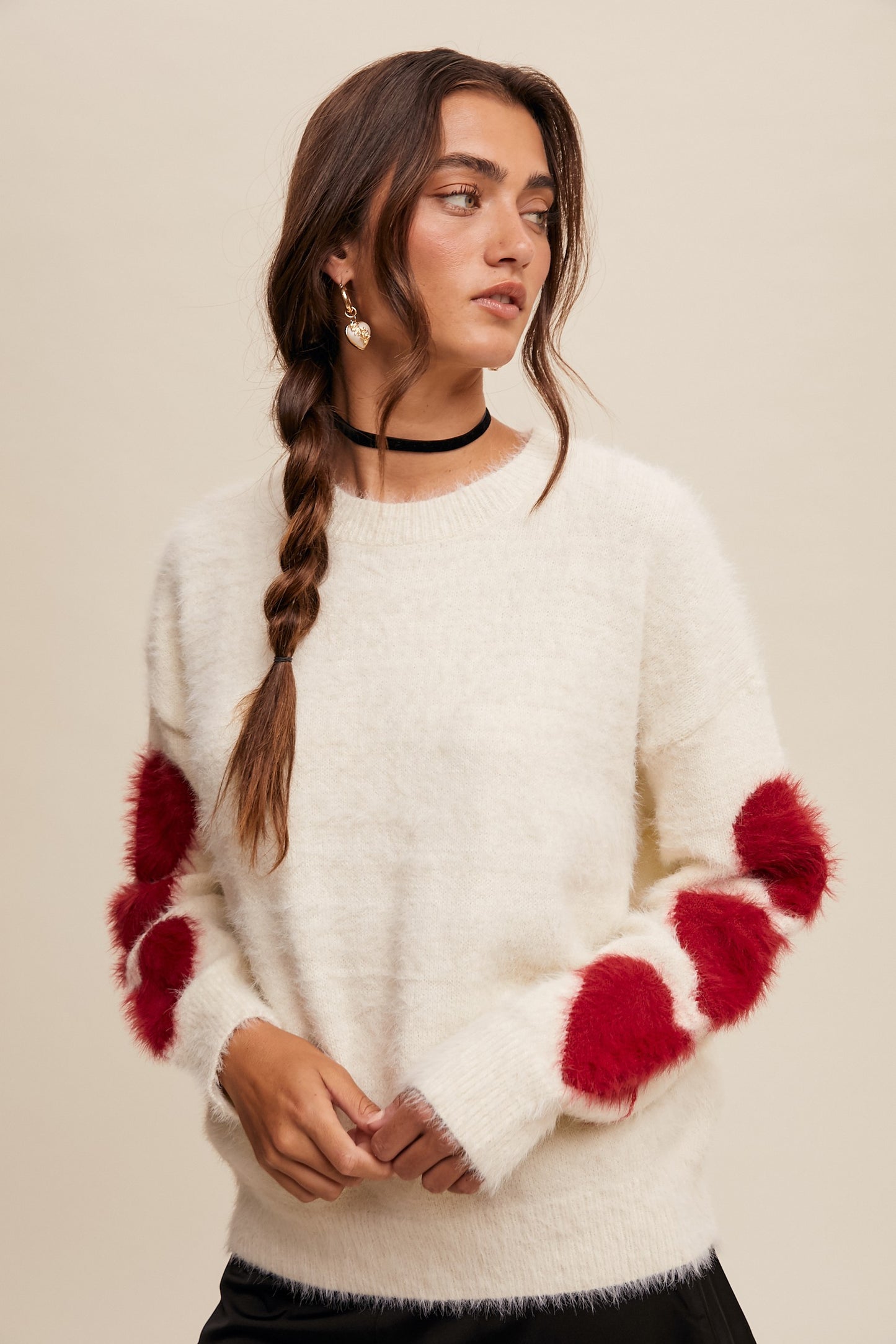 Heart On Your Sleeve Fuzzy Knit Long Sleeve Sweater - Ivory Red
