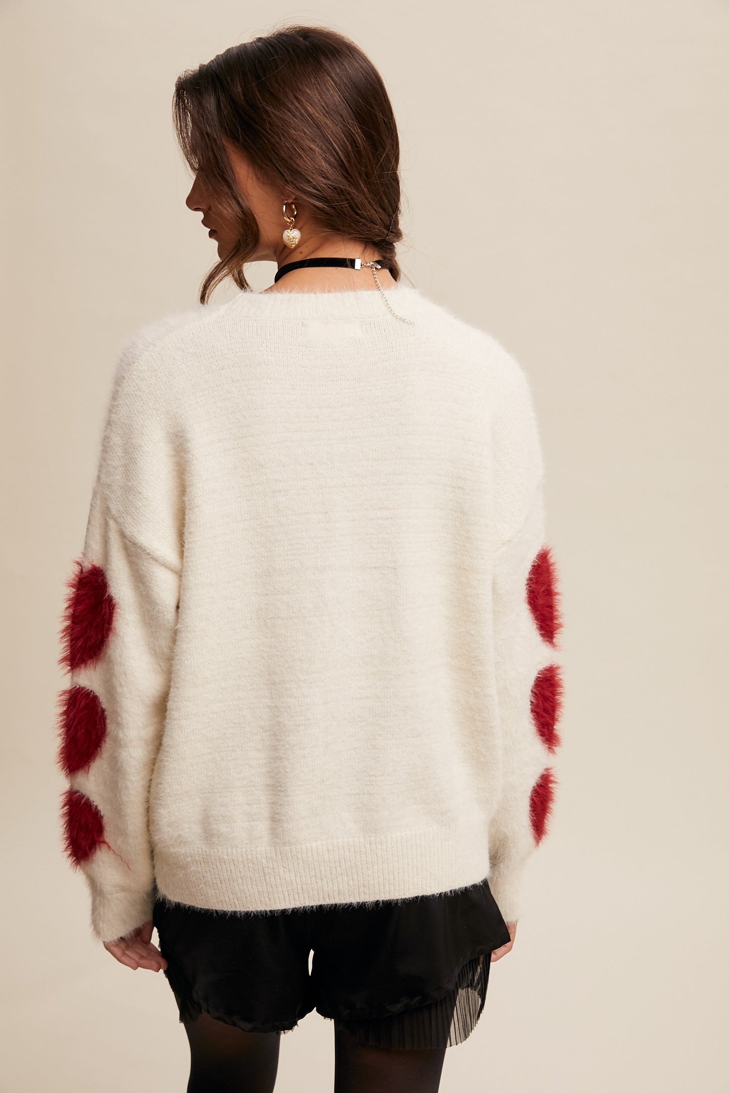 Heart On Your Sleeve Fuzzy Knit Long Sleeve Sweater - Ivory Red
