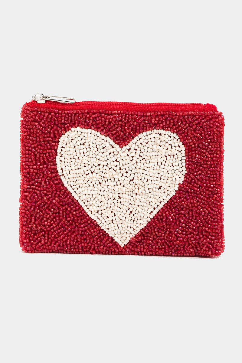It Must Be Love Heart Print Seed Beaded Coin Pouch - White, Red