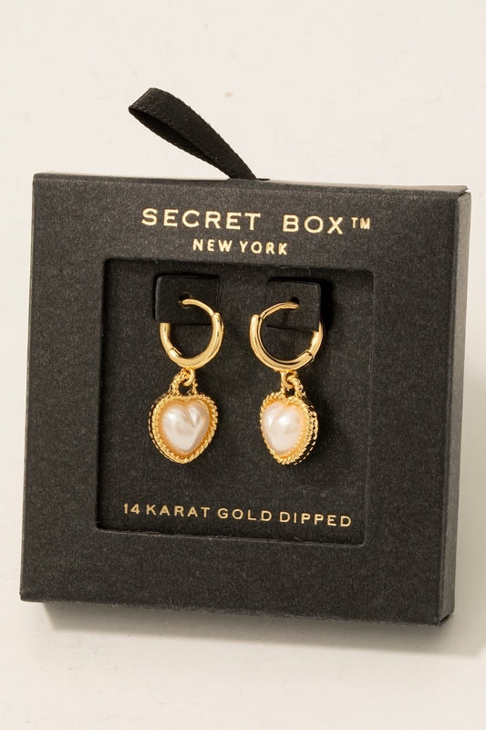 Heart Shaped Charm Gold Dipped Hoop Earrings - Pearl