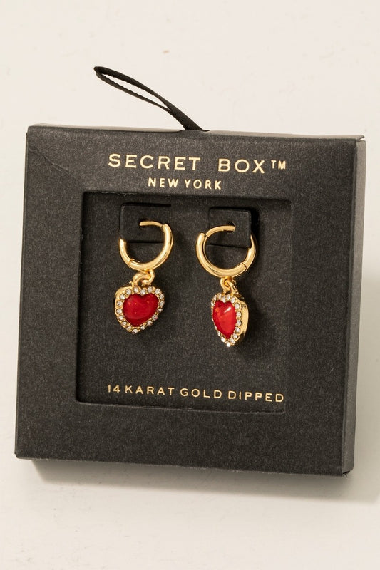 Heart Shaped Charm Gold Dipped Hoop Earrings - Red