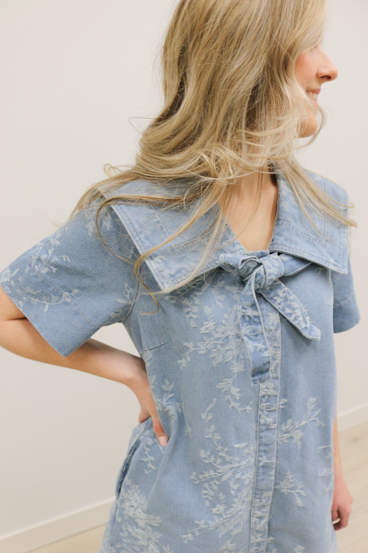 Hendry Short Sleeve Sailor Collar Textured Floral Print Mini Dress - Light Denim