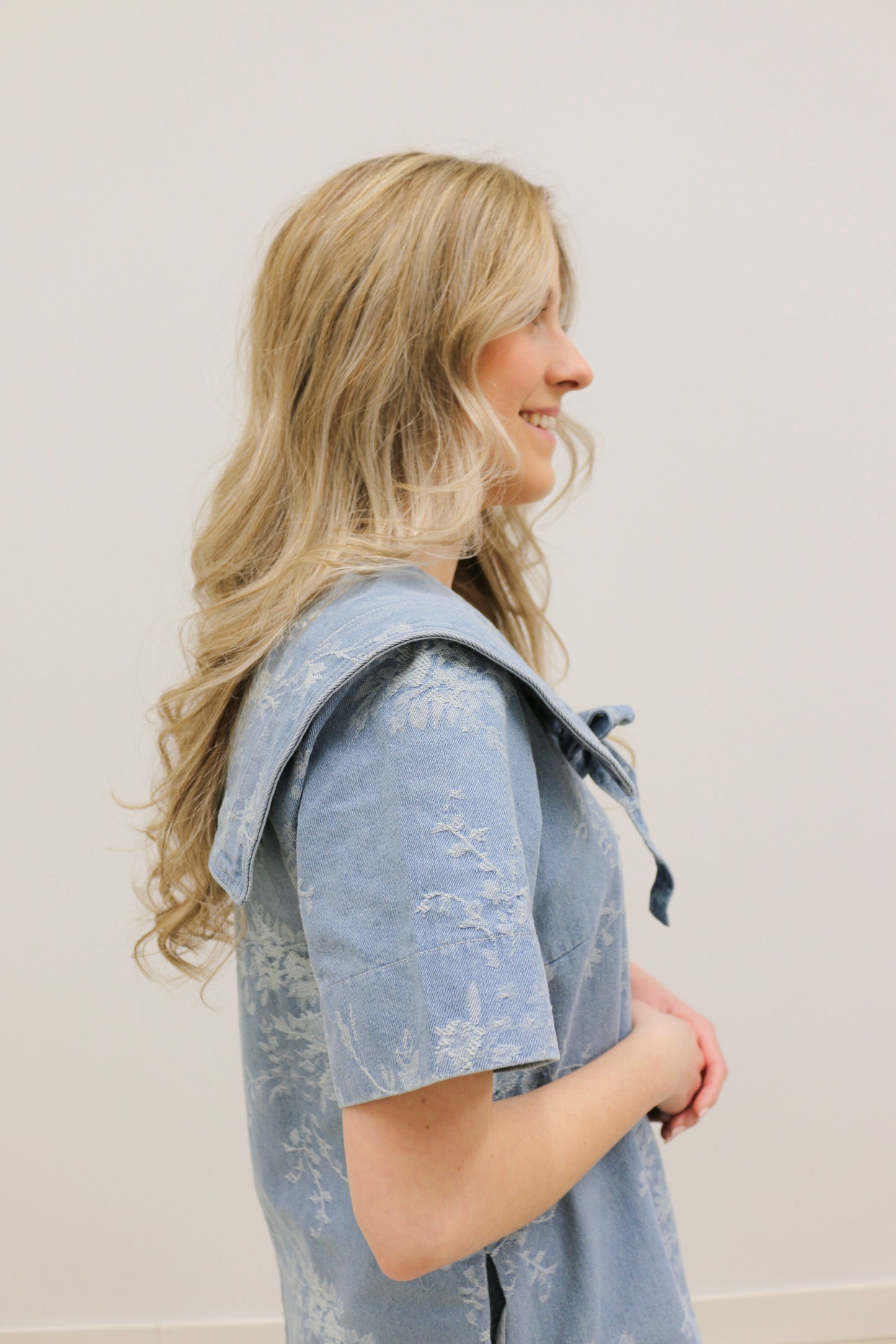 Hendry Short Sleeve Sailor Collar Textured Floral Print Mini Dress - Light Denim