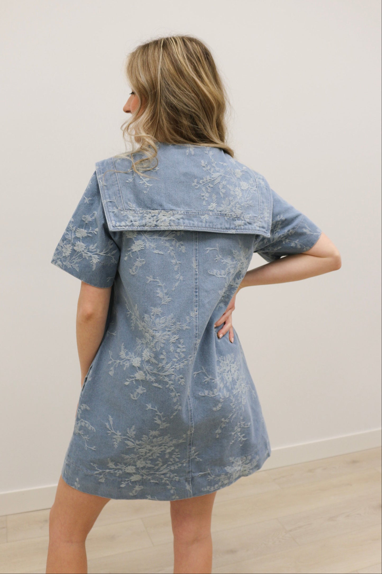 Hendry Short Sleeve Sailor Collar Textured Floral Print Mini Dress - Light Denim