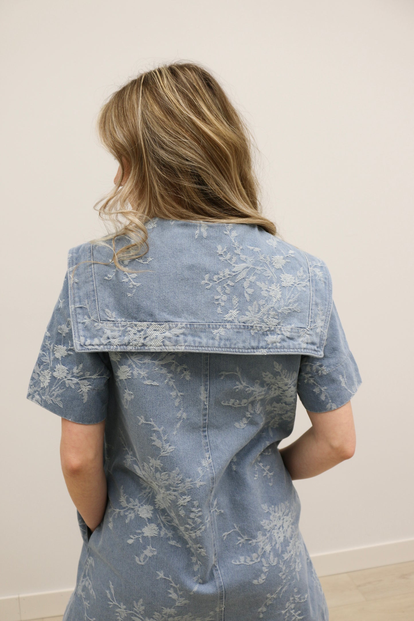 Hendry Short Sleeve Sailor Collar Textured Floral Print Mini Dress - Light Denim