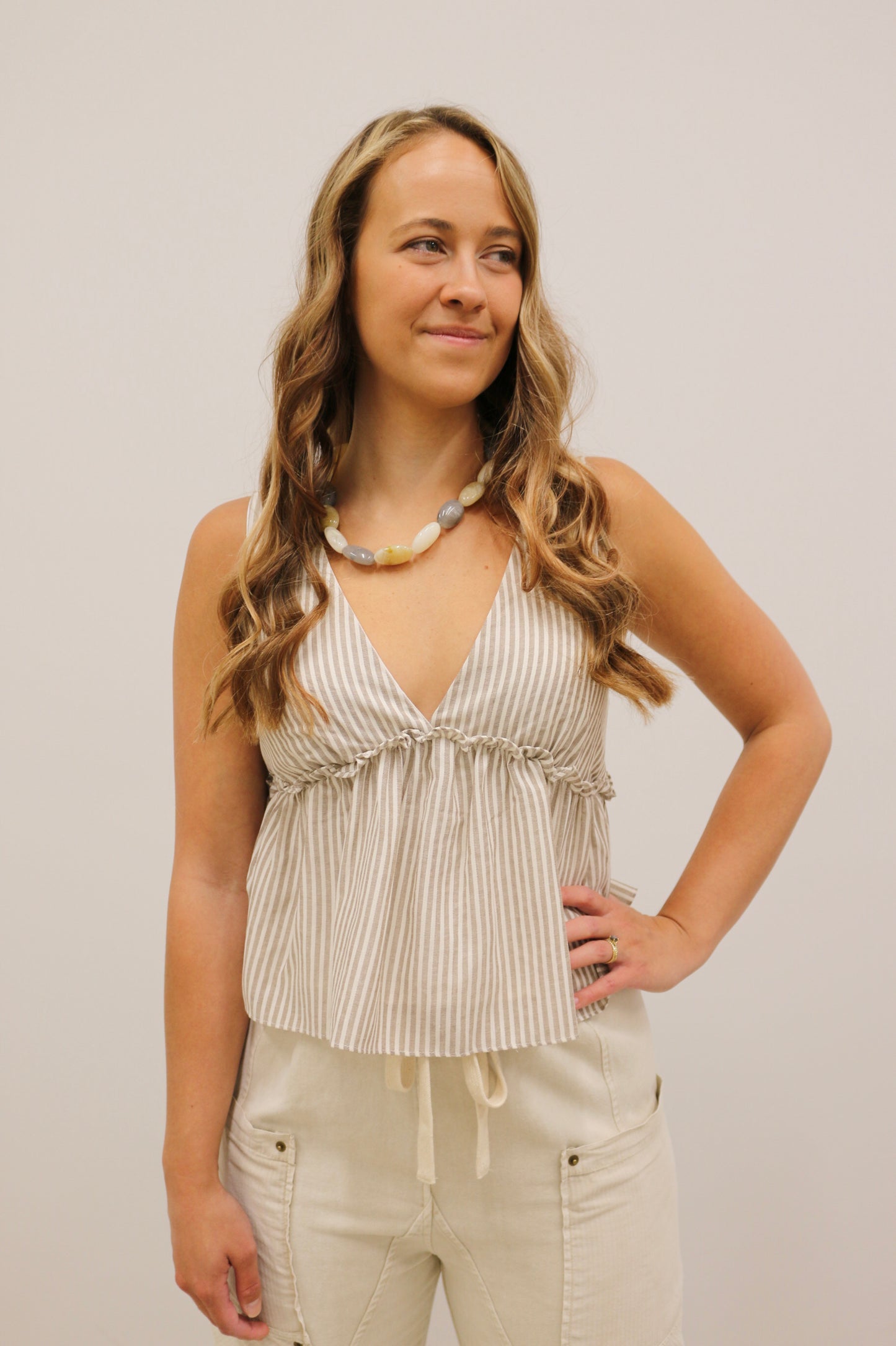 Hildie Striped Peplum V-Neck Tank - Light Brown