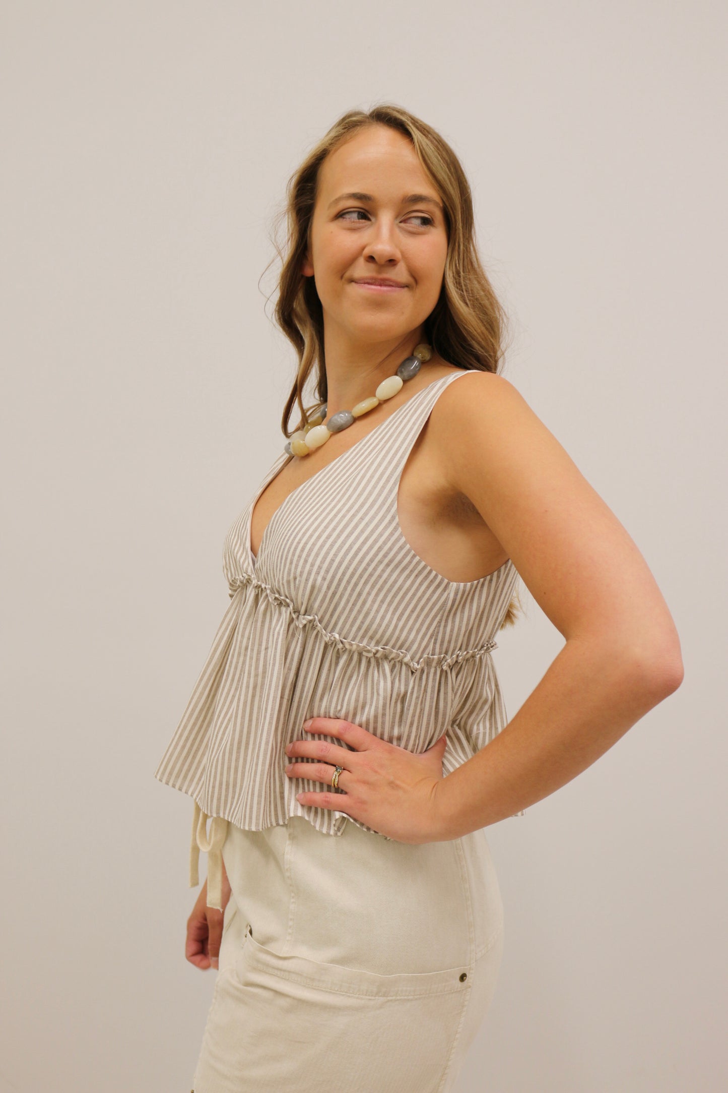 Hildie Striped Peplum V-Neck Tank - Light Brown