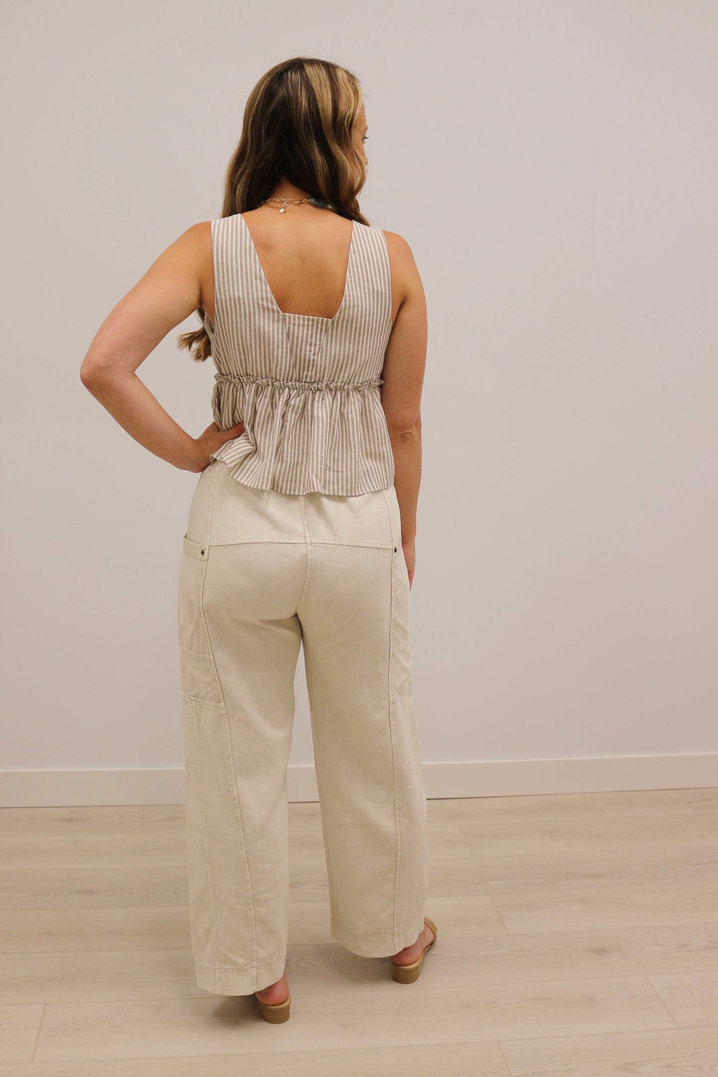 Hildie Striped Peplum V-Neck Tank - Light Brown