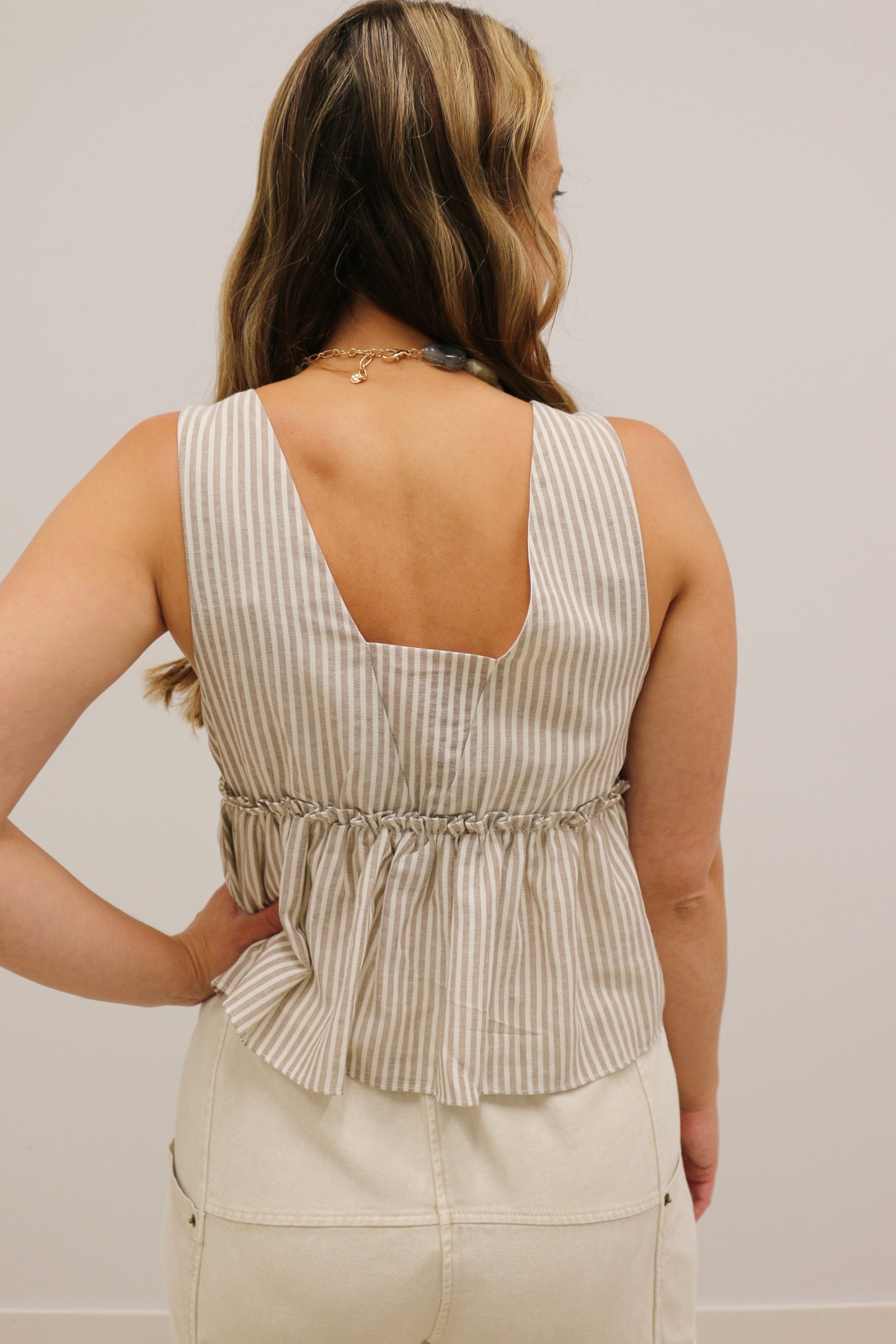 Hildie Striped Peplum V-Neck Tank - Light Brown