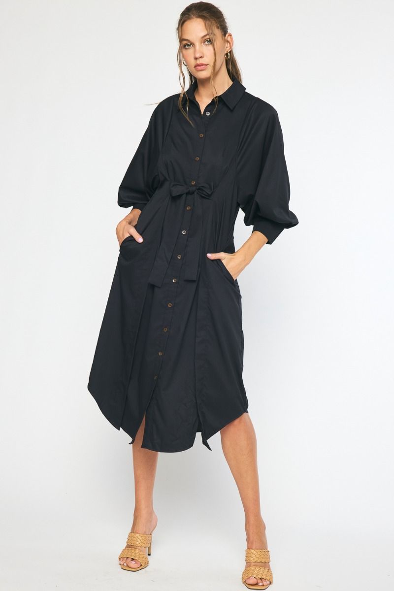 Hillary 3/4 Sleeve Maxi Tie Waist Woven Shirt Dress - Black