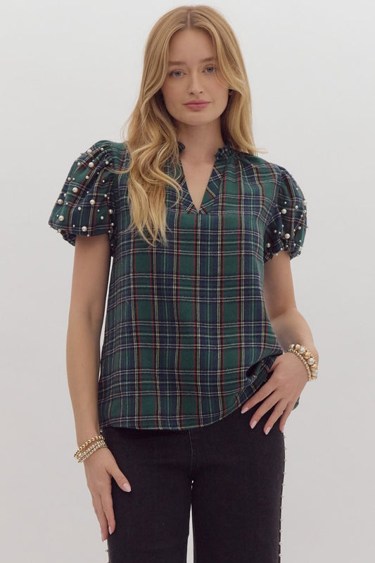 Holiday Plaid Pearl Stud Woven Short Sleeve Blouse - Green Multi