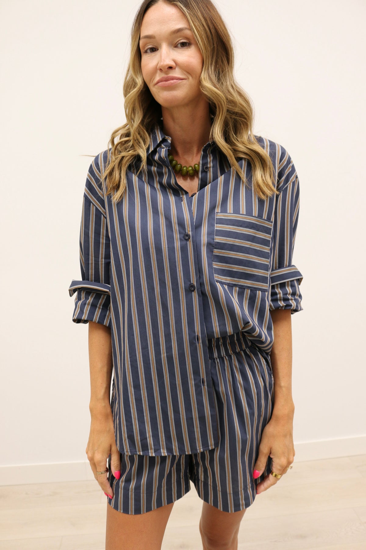 Hunter Stripe Oversized Button Up - Navy Brown