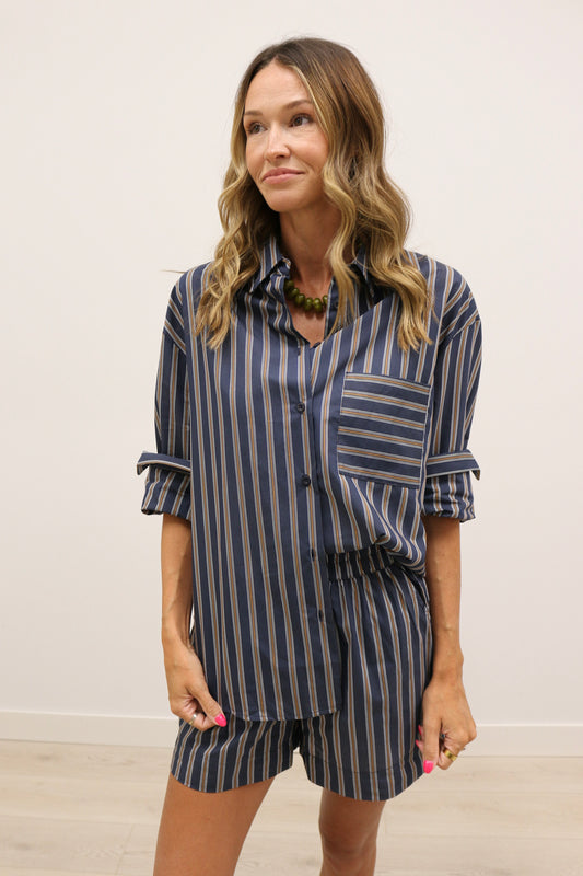 Hunter Stripe Oversized Button Up - Navy Brown