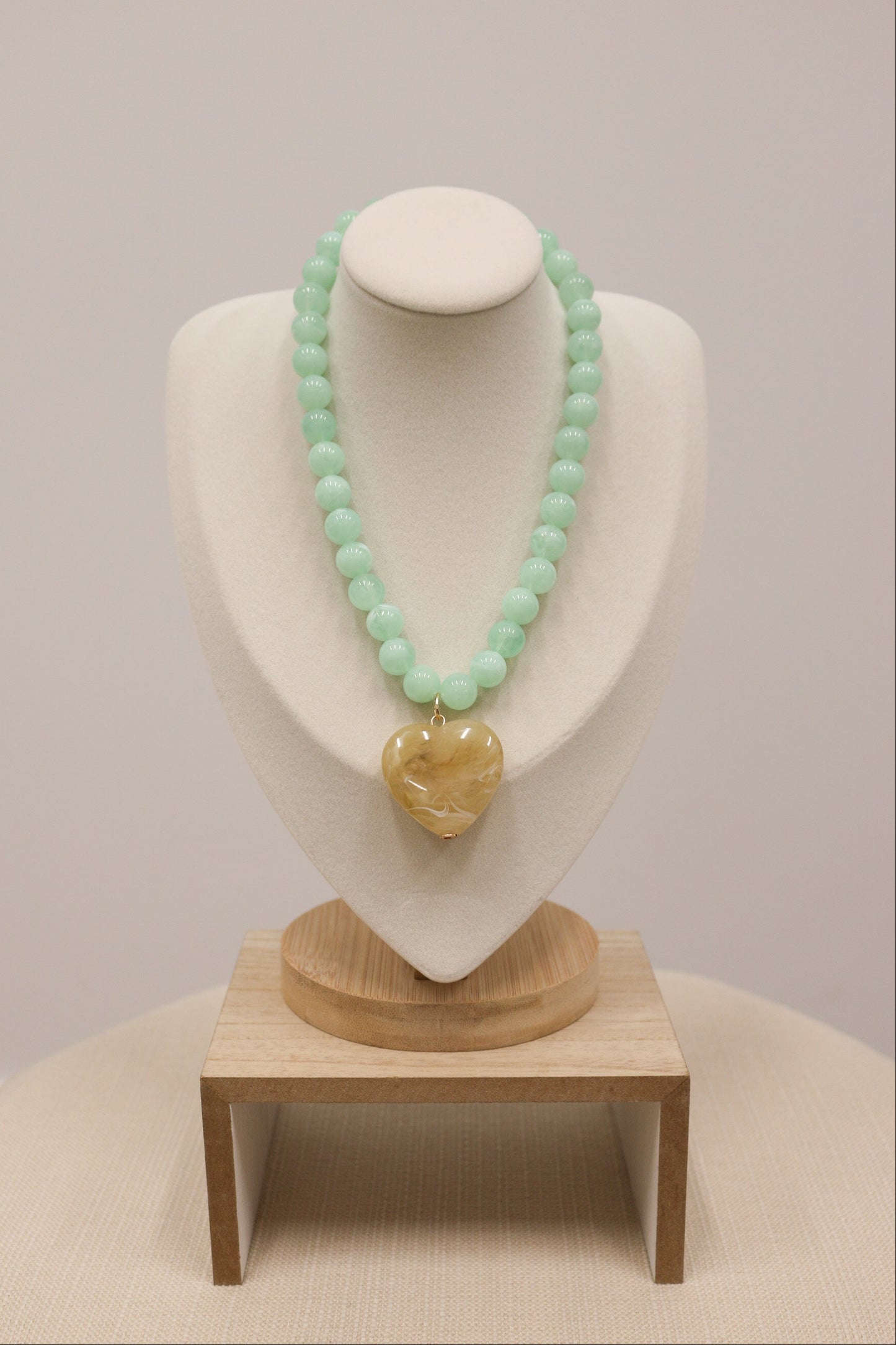Jasper Beaded Necklace with Contrast Heart Pendant - Mint Tan