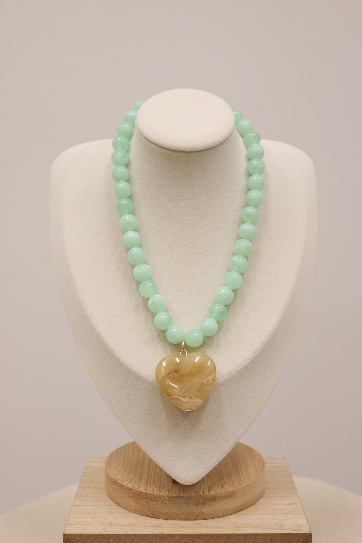 Jasper Beaded Necklace with Contrast Heart Pendant - Mint Tan