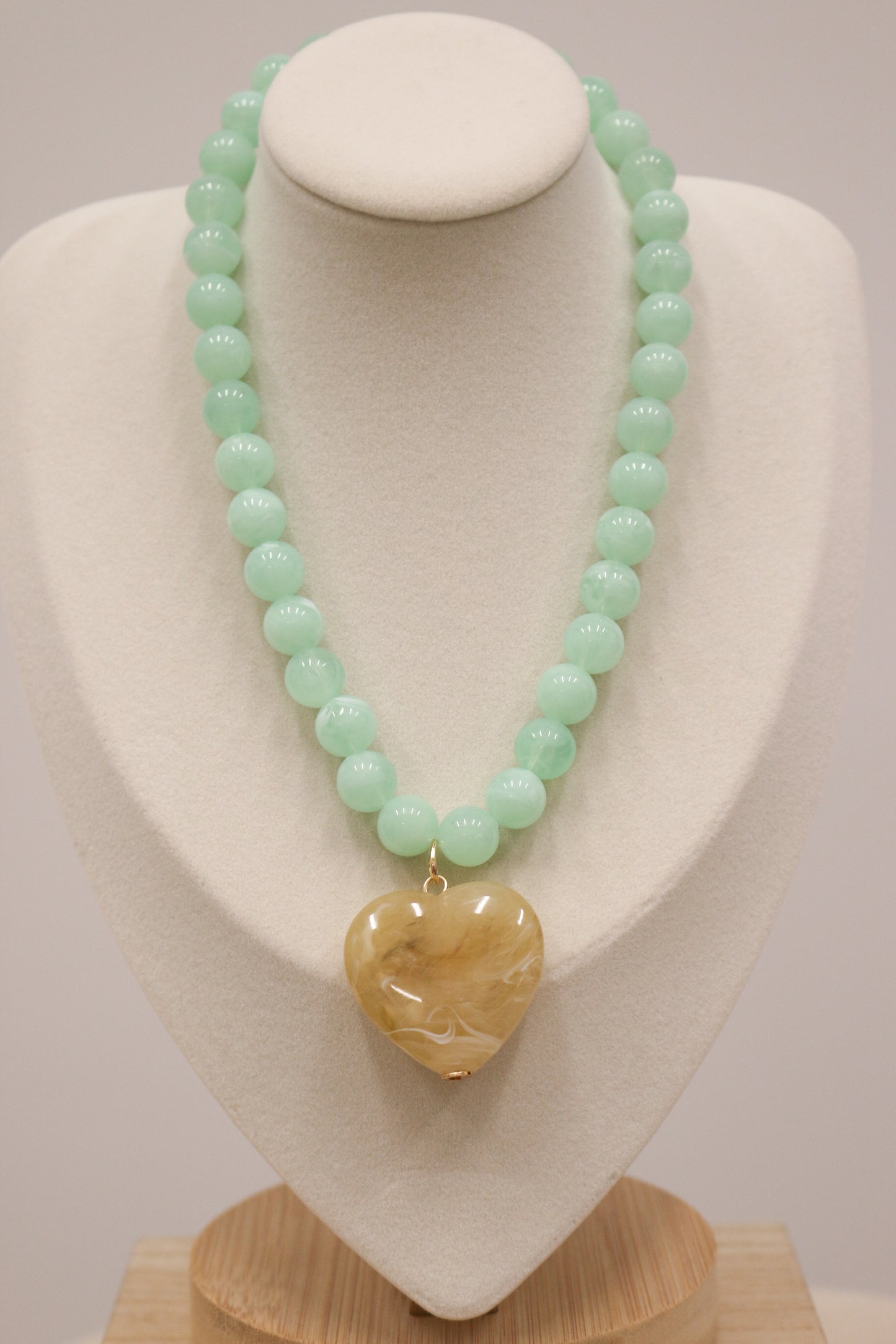Jasper Beaded Necklace with Contrast Heart Pendant - Mint Tan