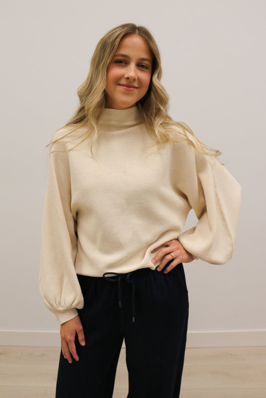 Jules Solid Ribbed Long Balloon Sleeve Mock Neck Knit Pullover - Ecru